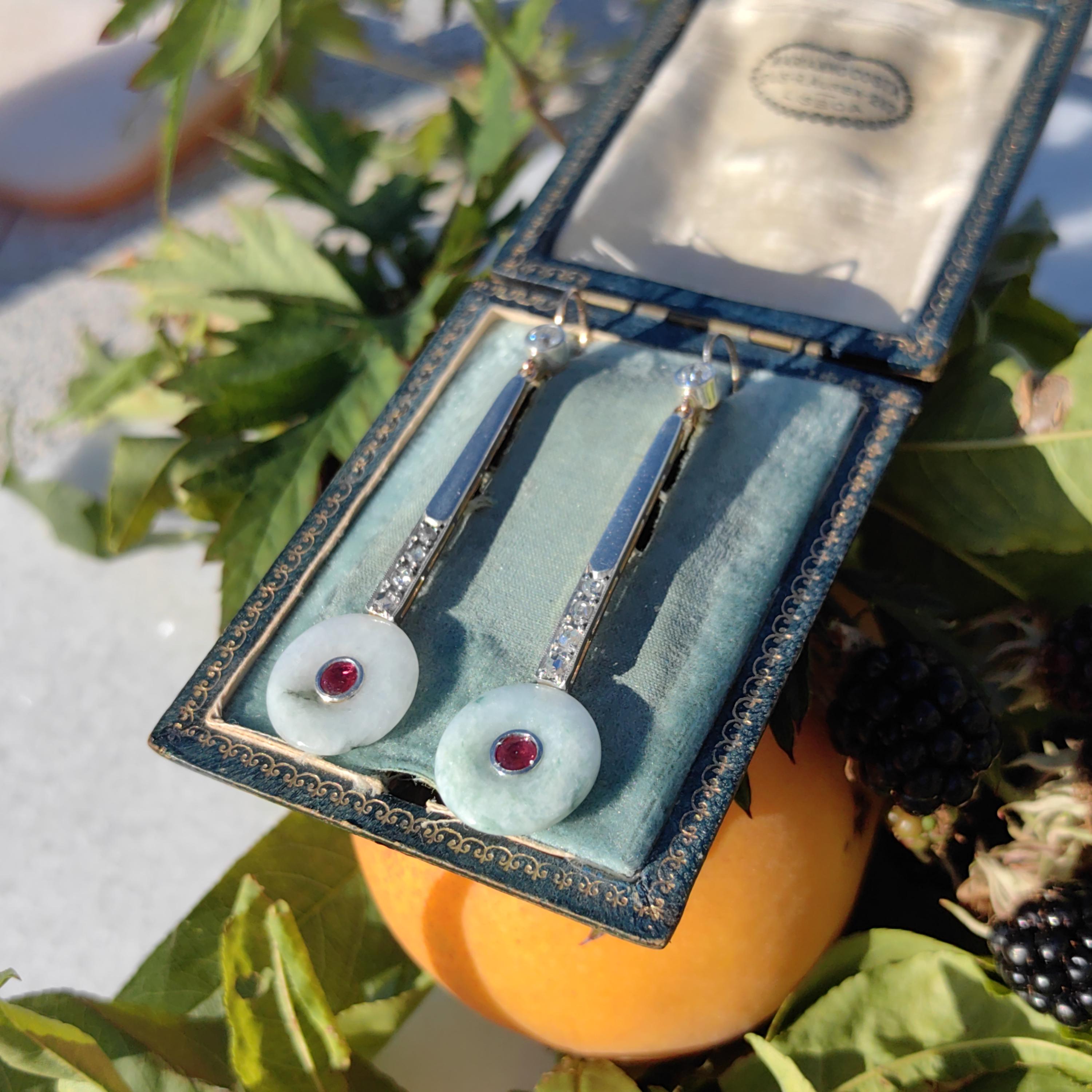 Unic Art Deco white/green Jade Drop Dangle Earrings old cut Diamond Natural Ruby 14k Solid white/yellow Gold ancient Jade discs stunning