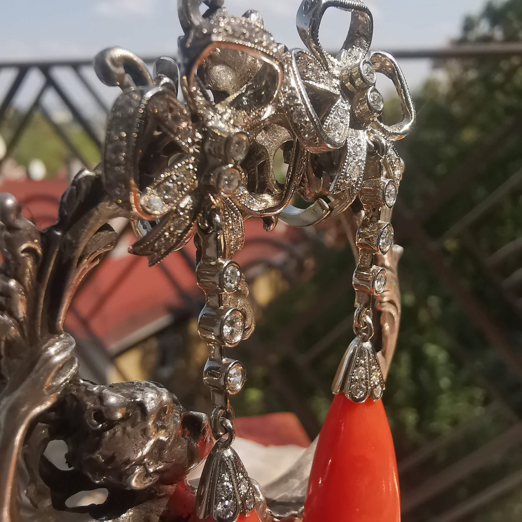 Edwardian Coral Diamond Dangle Earrings 14k Gold 1.3ct Antique 1910s Drop Earrings