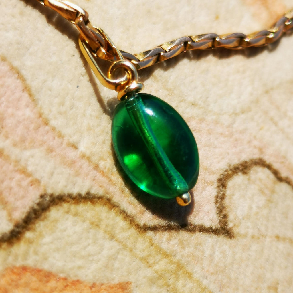 14K Solid Yellow Gold Vintage Antique Art Deco 1930s Green Paste Stone Necklace Pendant Bracelet Charm Gift for her Present Emerald