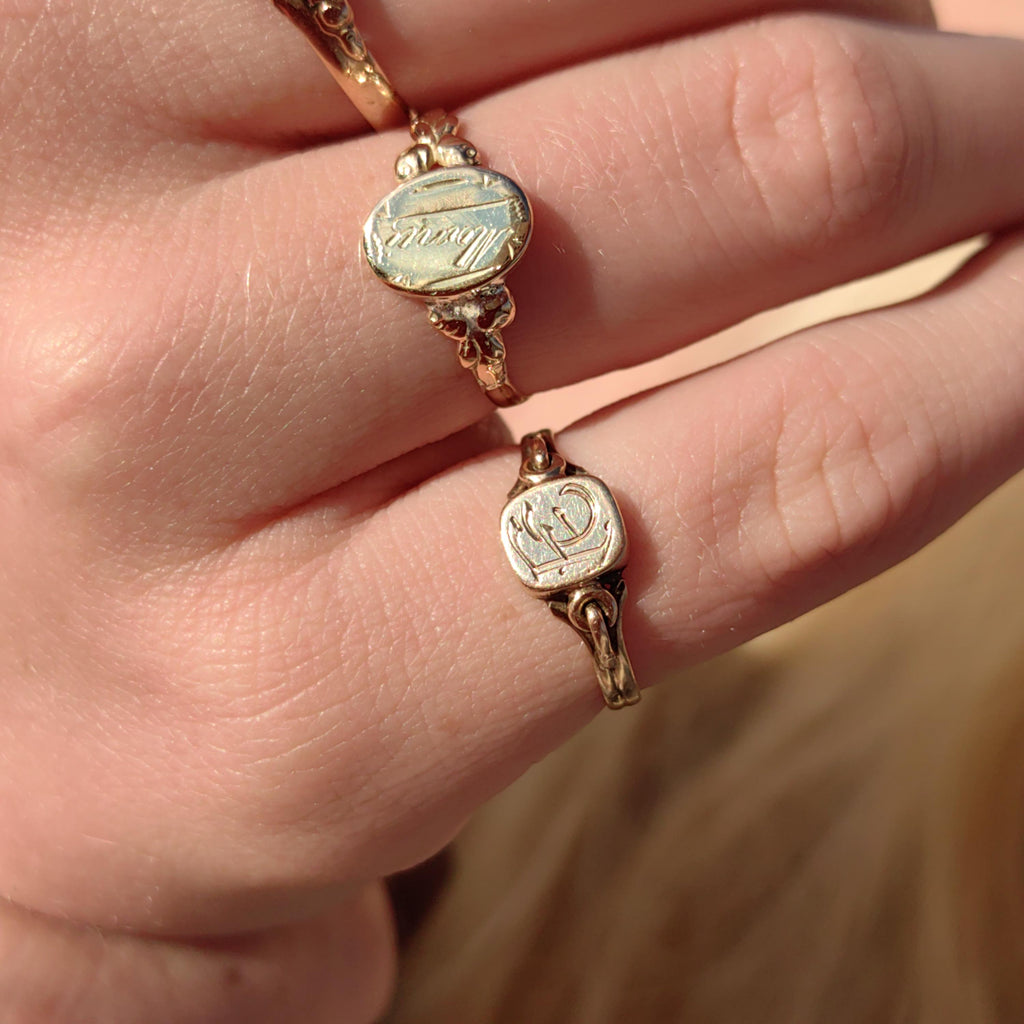 Solid Yellow Gold Antique F E Initials Letter Name Family Signet Ring Elegant Vintage Gift Present