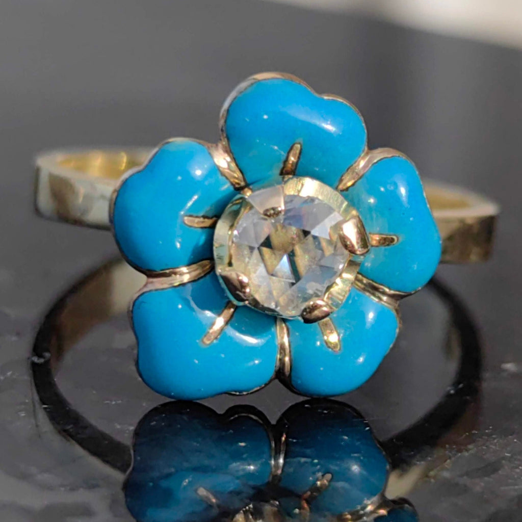 Victorian 14k Gold Diamond Ring: Turquoise Enamel Floral Design