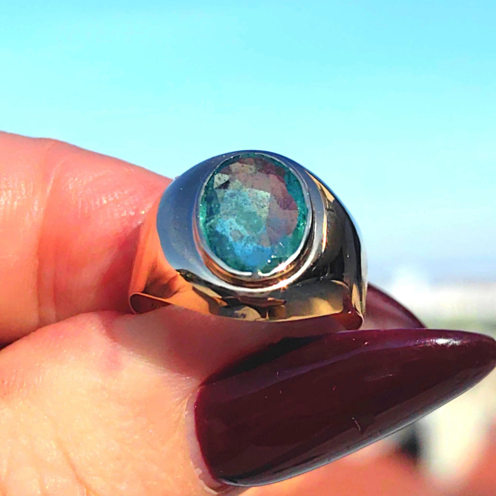 Emerald Hallmarked 14k 585 Hallmarked Solid Yellow Rose Champagne Gold Vintage 1930s Oval Natural Emerald Band Solitaire Ring Gift Present