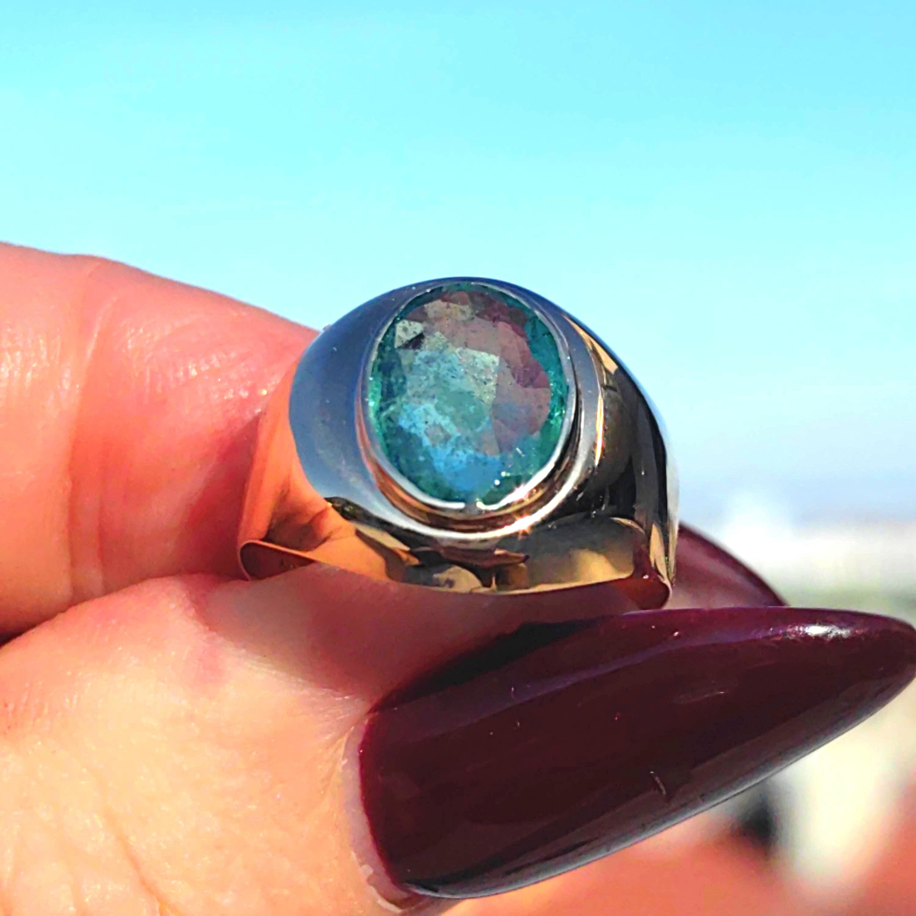 Emerald Hallmarked 14k 585 Hallmarked Solid Yellow Rose Champagne Gold Vintage 1930s Oval Natural Emerald Band Solitaire Ring Gift Present