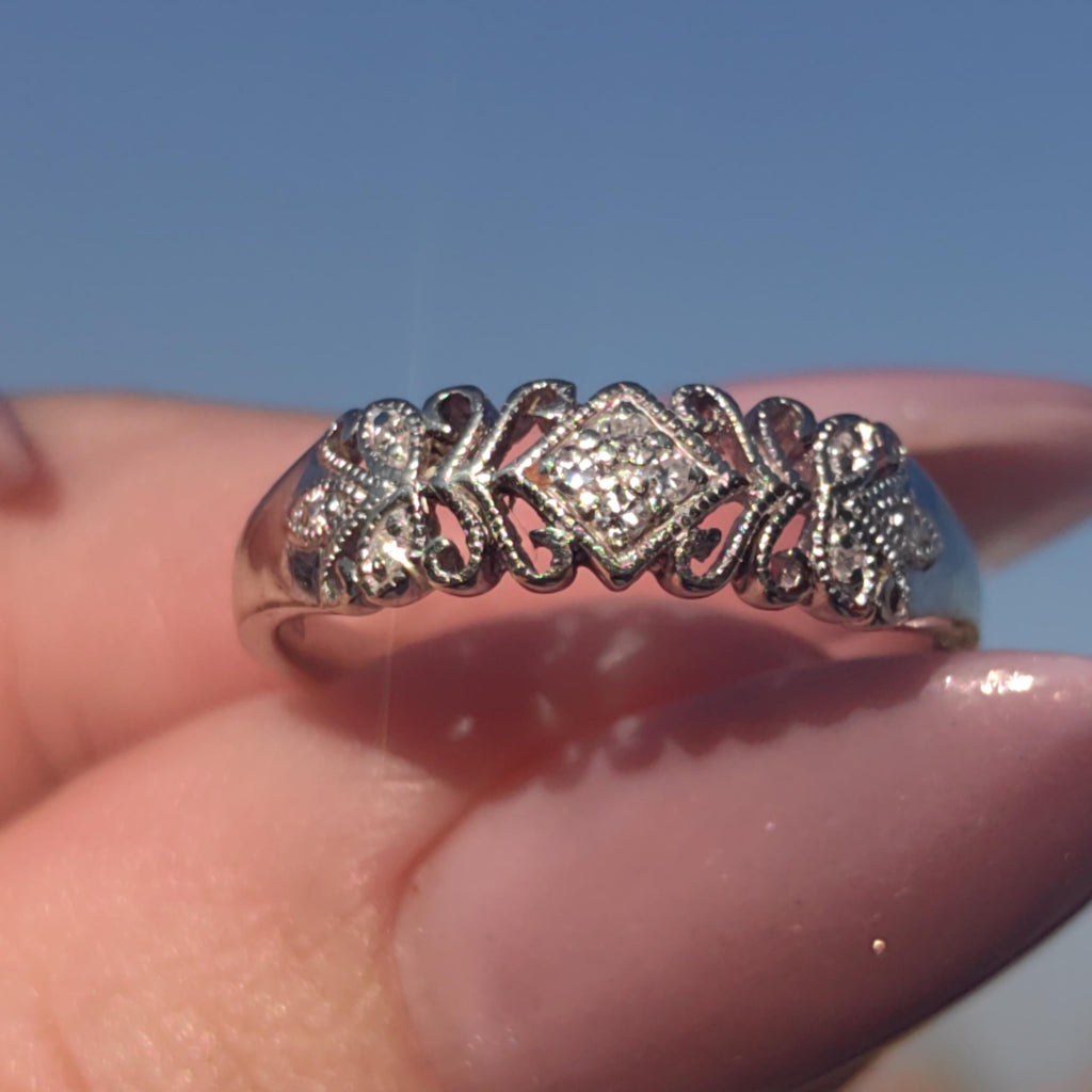 Natural Diamond 14K Solid White Gold Elegant Antique Mid Century Engagement Ring Gift for Her Present