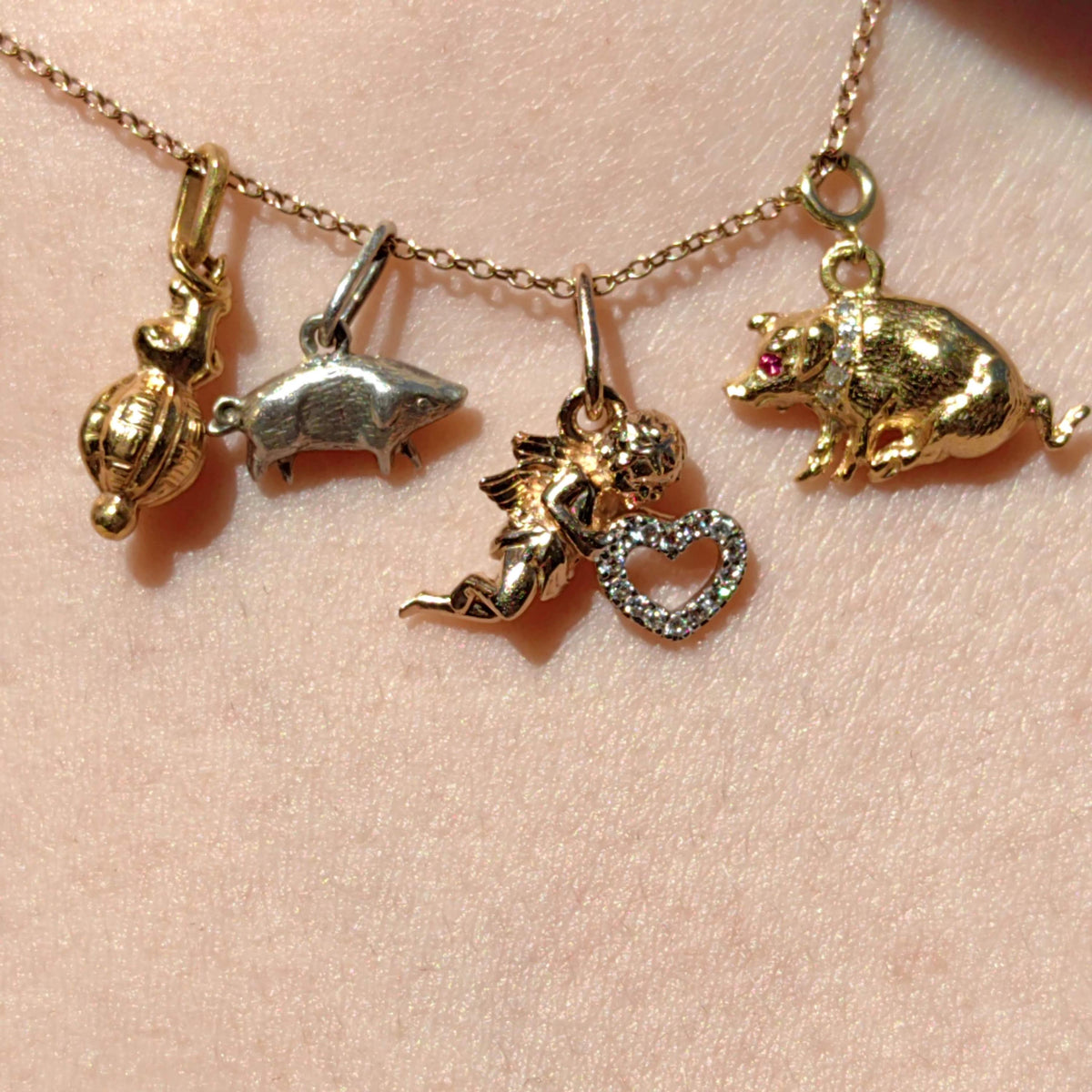 14k Yellow Gold Angel Pendant: Cubic Zirconia Heart Charm