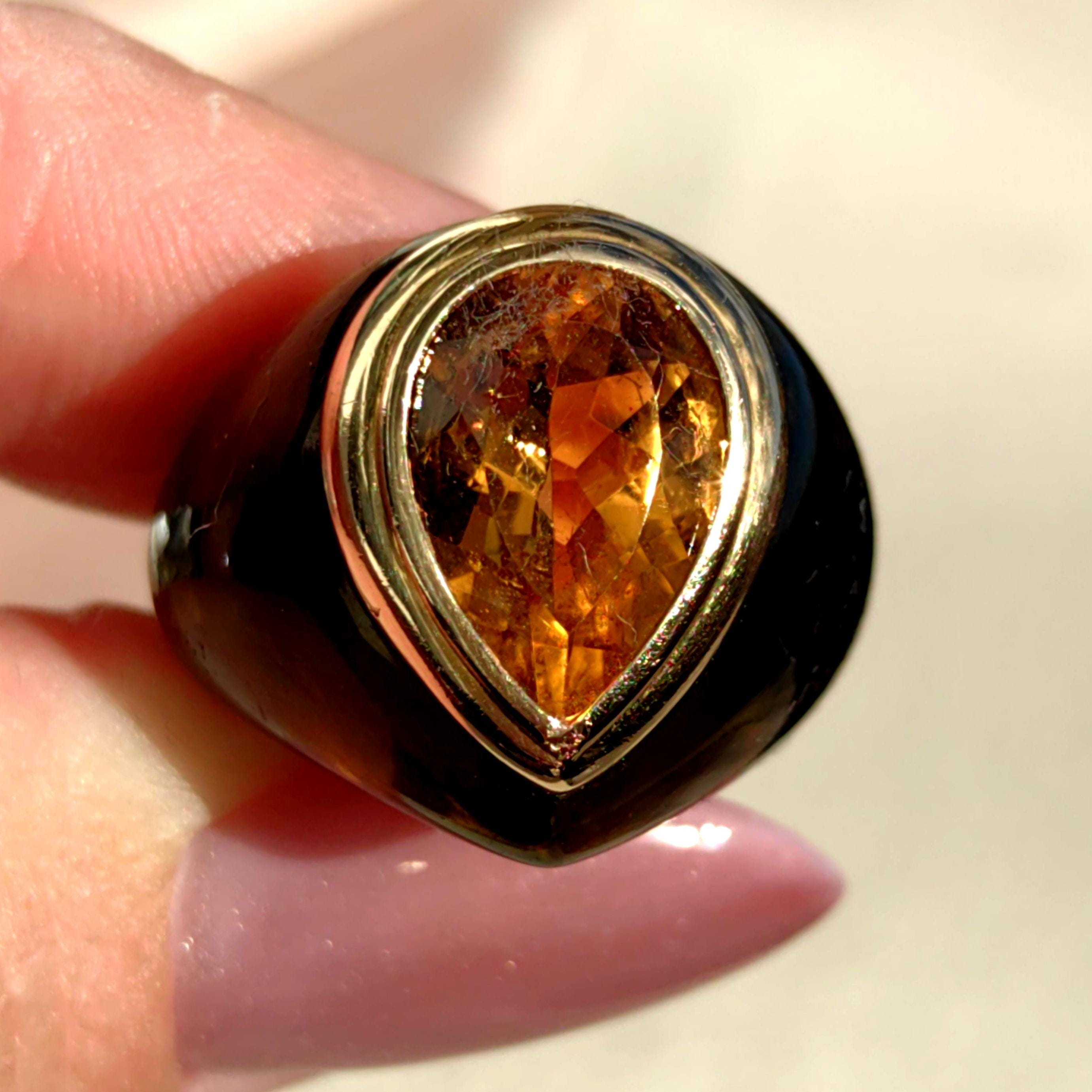 Golden Pear Citrine Ring 18k Yellow Gold Resin Band Statement Cocktail Ring