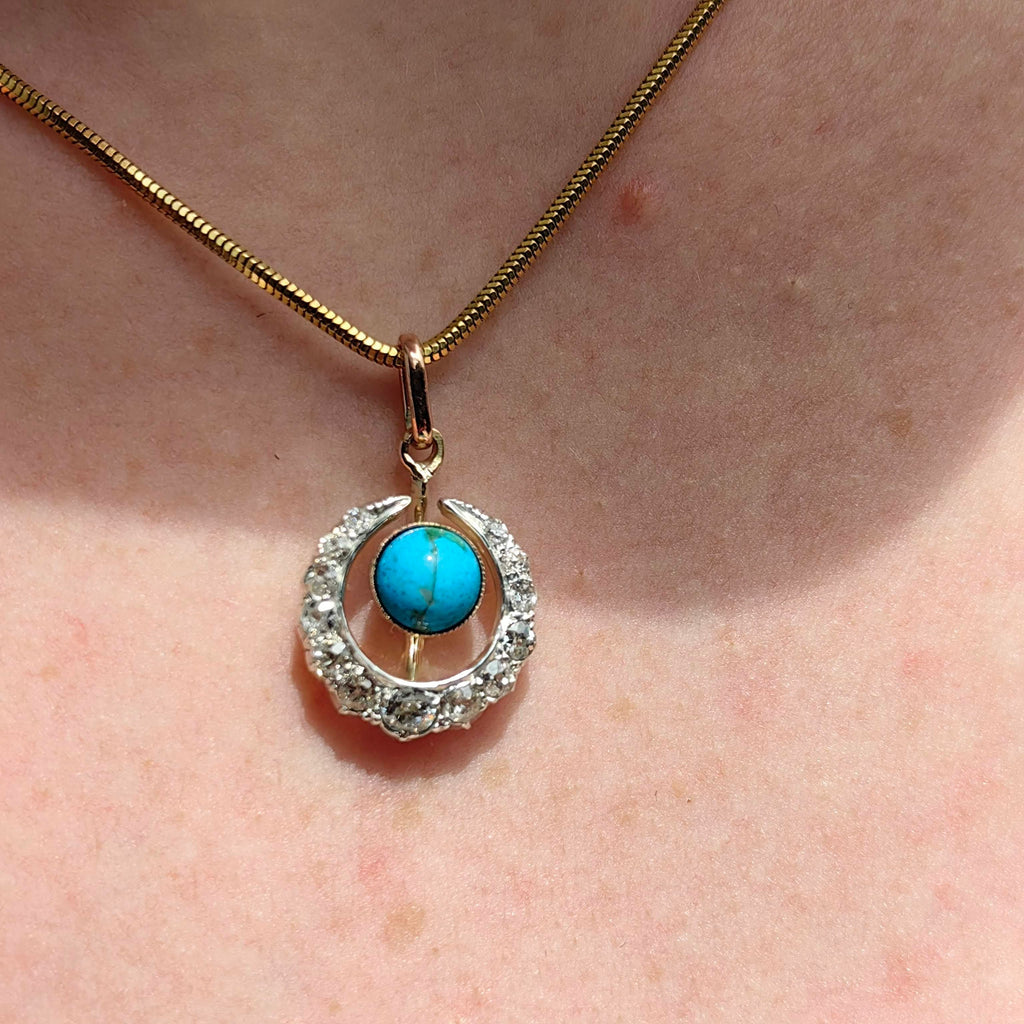 Art Nouveau Antique Vintage Turquoise and Diamond Gold Moon Pendant