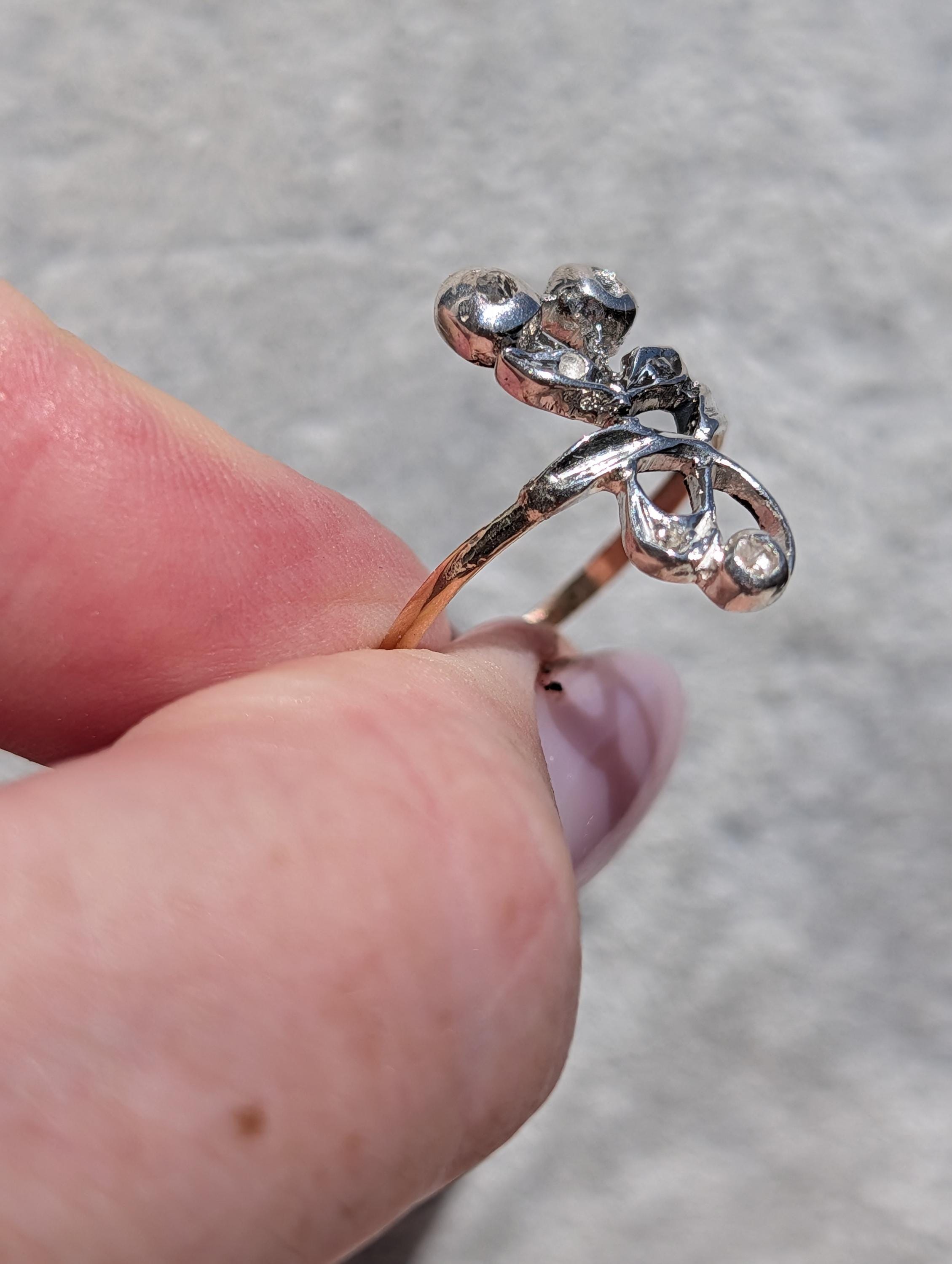 Antique Art Nouveau Diamond Ring 14k Yellow Gold Silver, 1900s Floral Openwork Rose Diamond Engagement Ring, Size 10