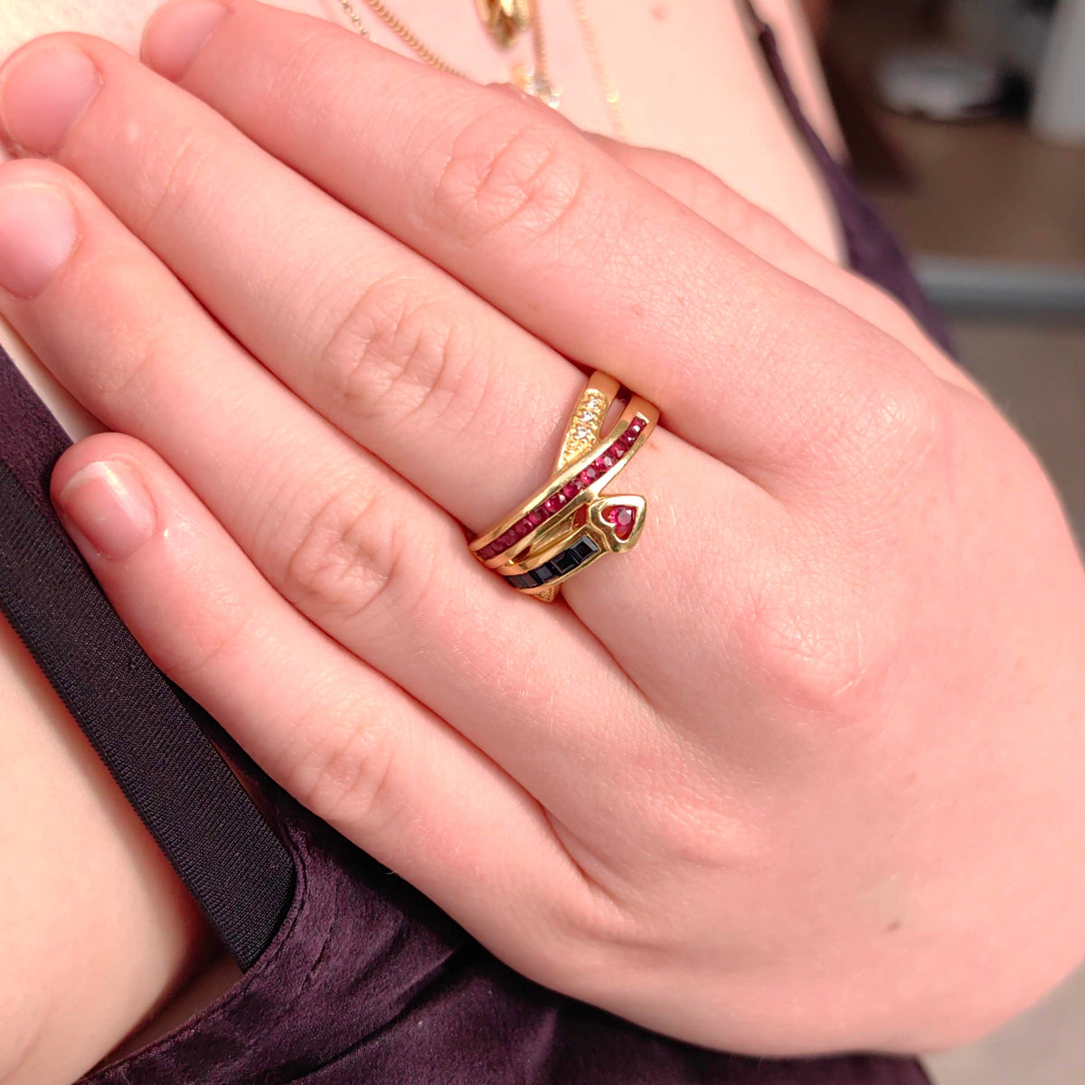 Vintage 18k Gold Snake Ring: Ruby, Sapphire & Diamond Statement Jewelry