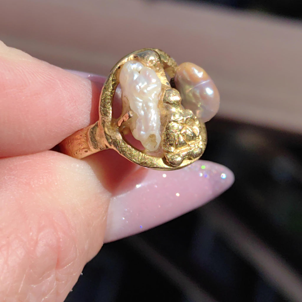 18k Gold Nugget Ring: Two-Tone Pearl Boho Ring