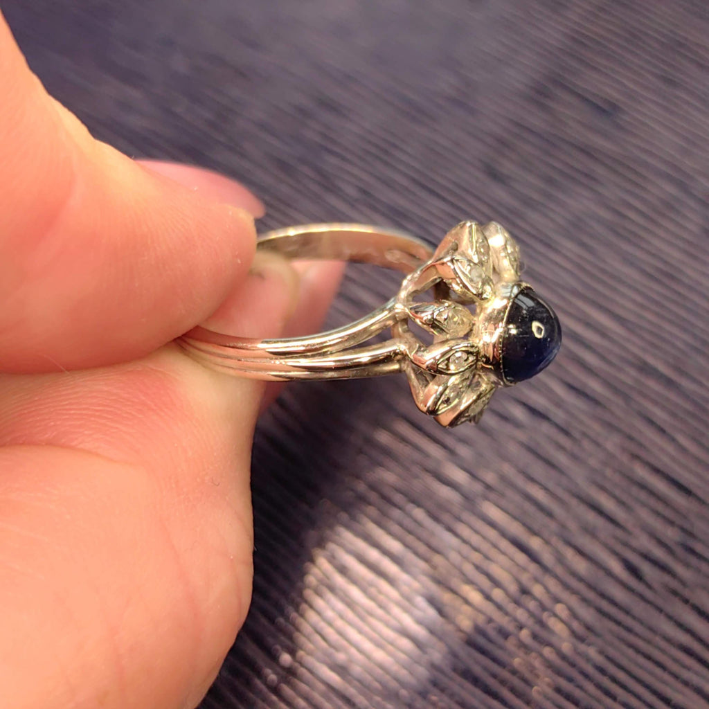 1940s Natural Blue Sapphire Diamond 18k Hallmarked White Gold Mid Century Flower Floral Engagement Antique Elegant Ring Gift for Her