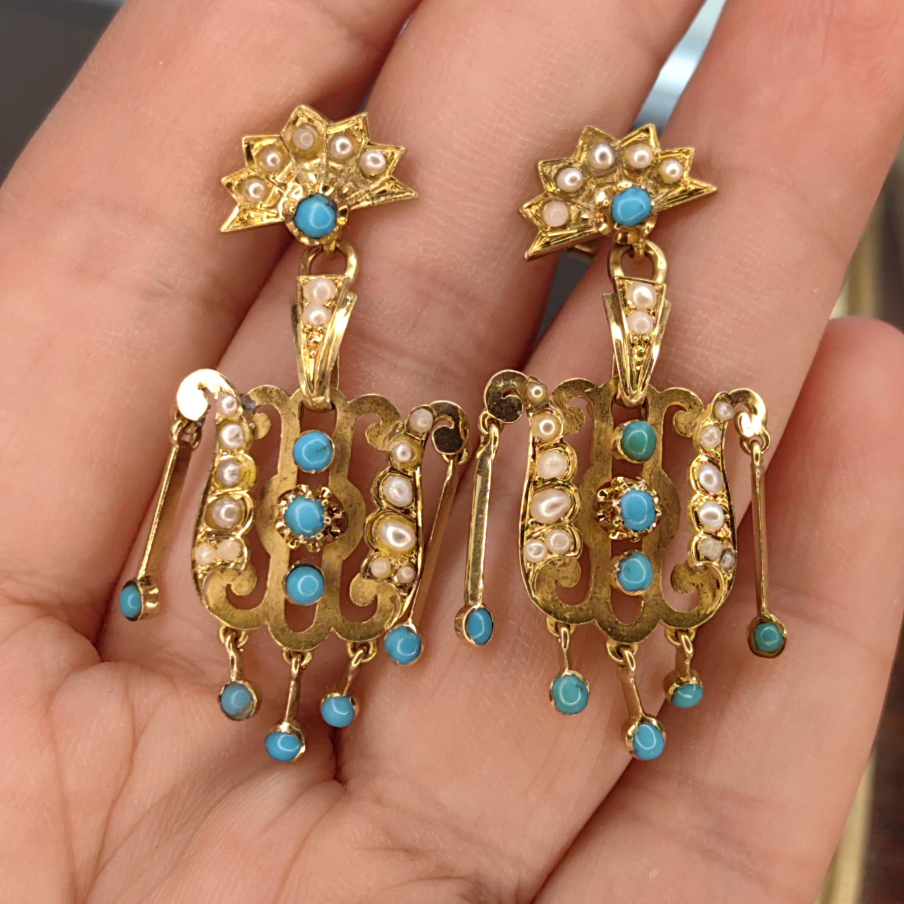 Turquoise Pearl 18K Gold Dangle Earrings: Antique Victorian Revival