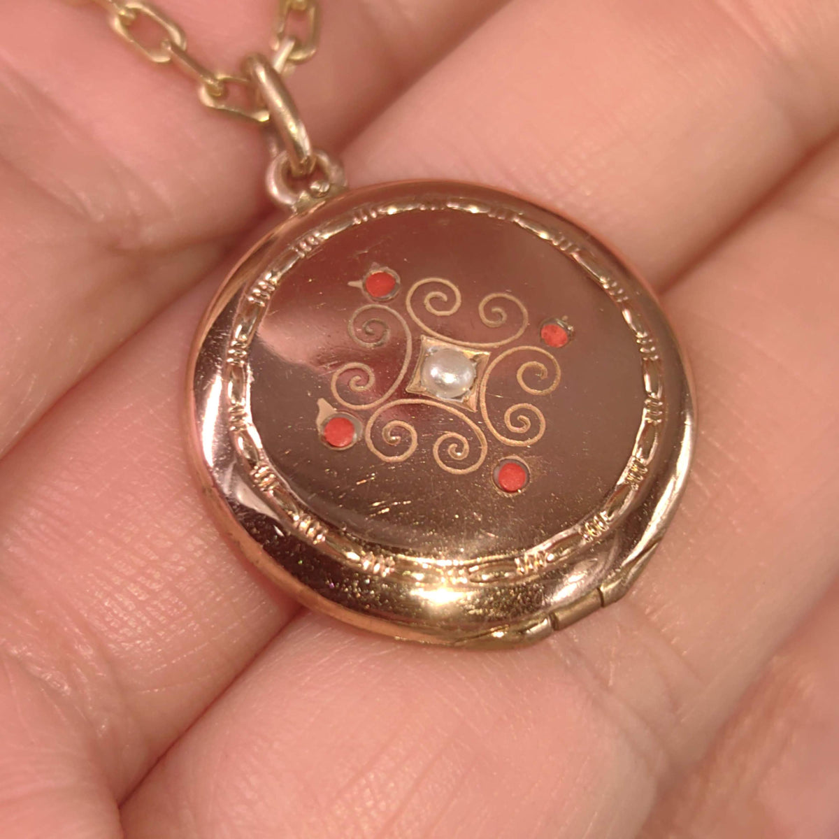 Art Nouveau 1900s Gold Plated Silver Natural Coral & Pearl Pendant Locket Necklace Pendant Picture Holder Gift present for Her Hand Chiseled