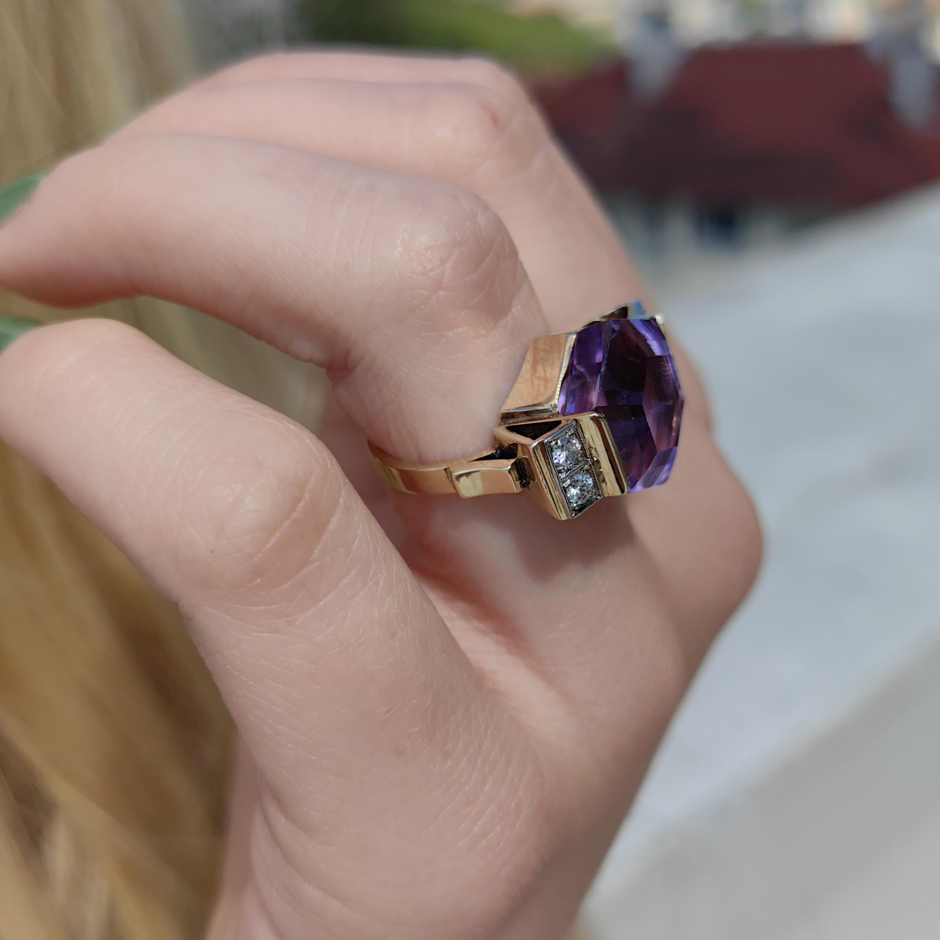 Art Deco Amethyst Cocktail Ring: 14k Yellow Gold Diamond Accent
