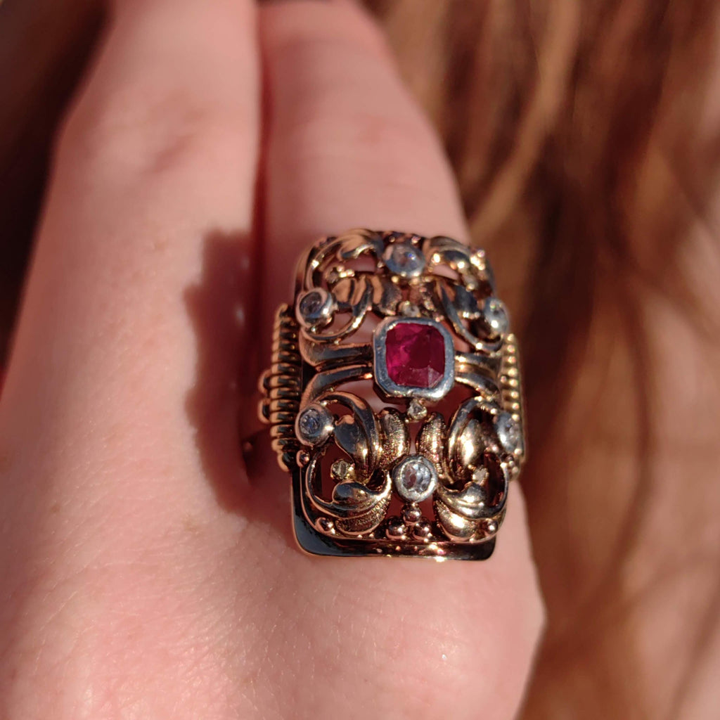 Vintage Art Deco 1920s Natural Red Ruby Diamond Ring Antique 14k Solid Yellow Gold Statement Ring Gift for Her
