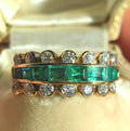 18k Solid Yellow Gold Natural Green Emerald Diamond 1980s Vintage Statement Band Elegant Ring Gift for Her