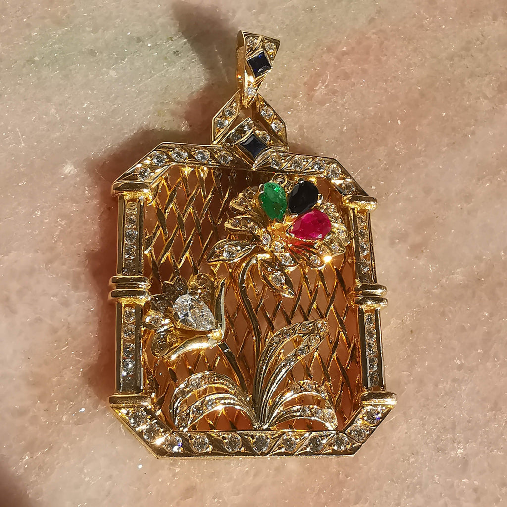 Art Deco 18k Gold Diamond Tutti Frutti Pendant: Emerald, Ruby, Sapphire