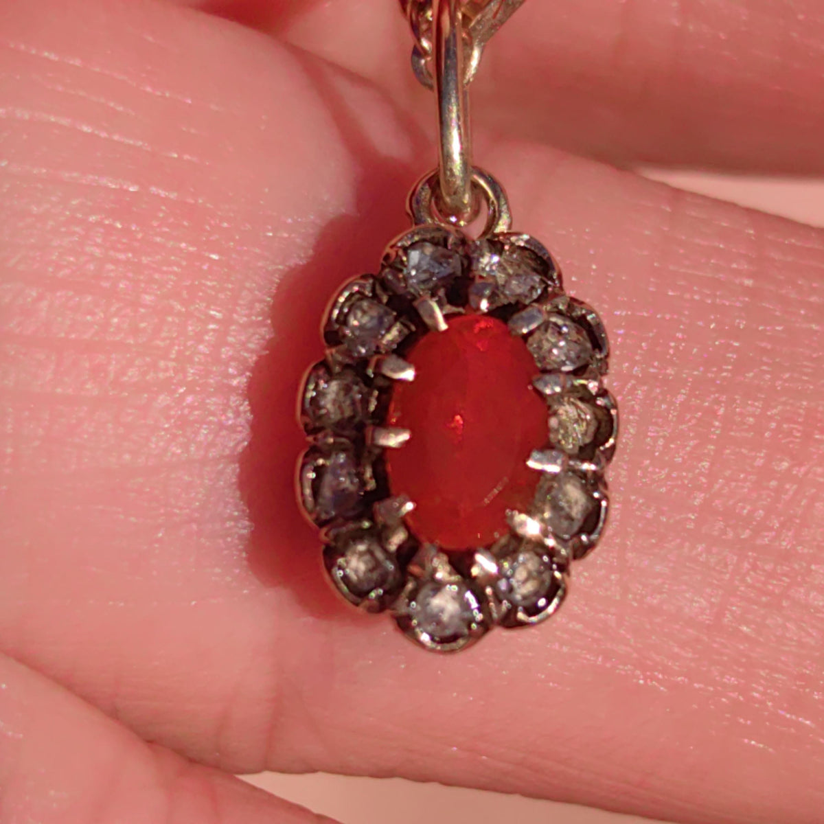 Victorian Fire Opal Pendant: 14k Yellow & Rose Gold Diamond Charm