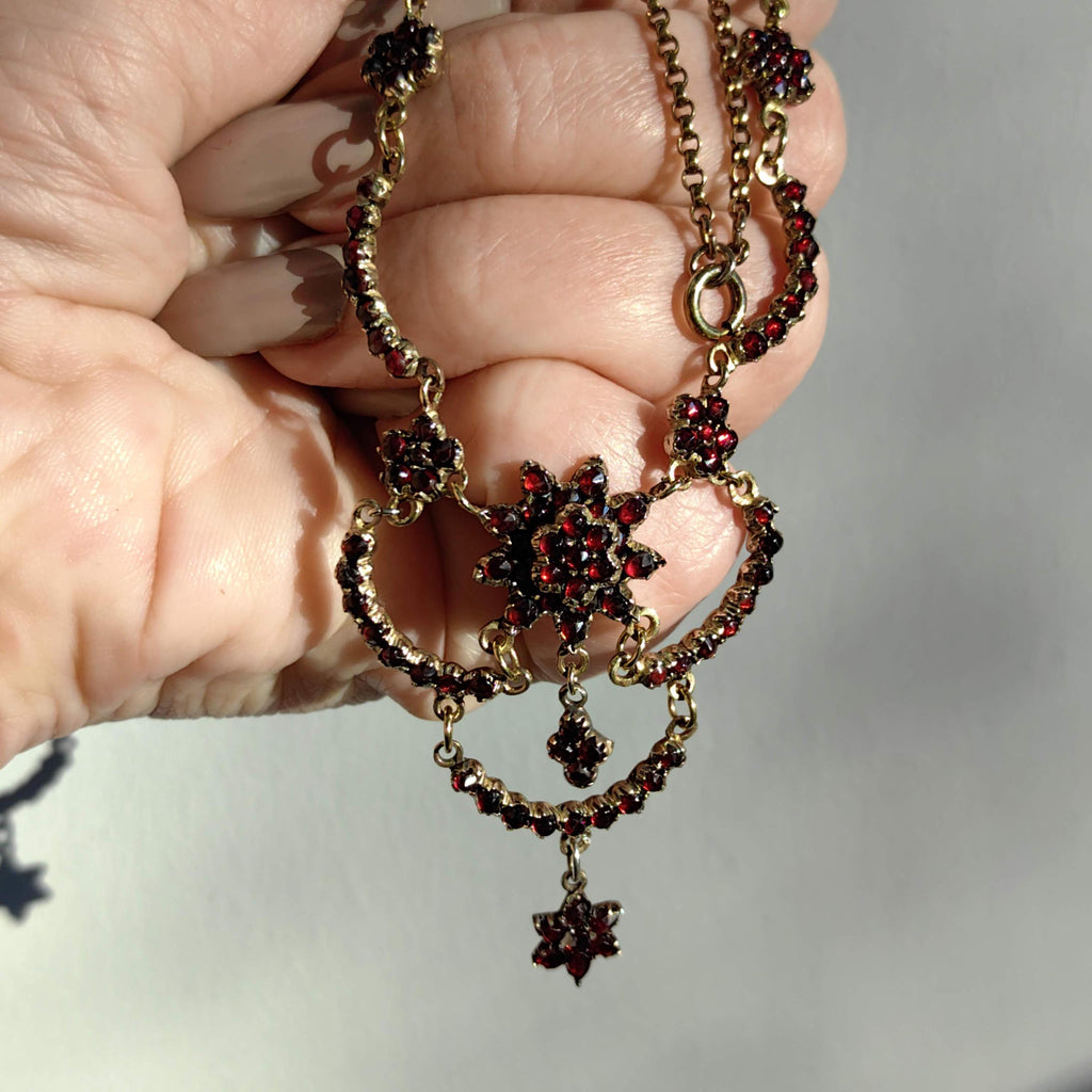 1930s Garnet Floral Necklace: Gold Plated Silver Statement Jewelry
