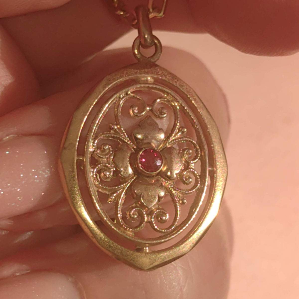 Vintage Gold-Filled Pendant: Art Nouveau Floral Charm with Artificial Ruby