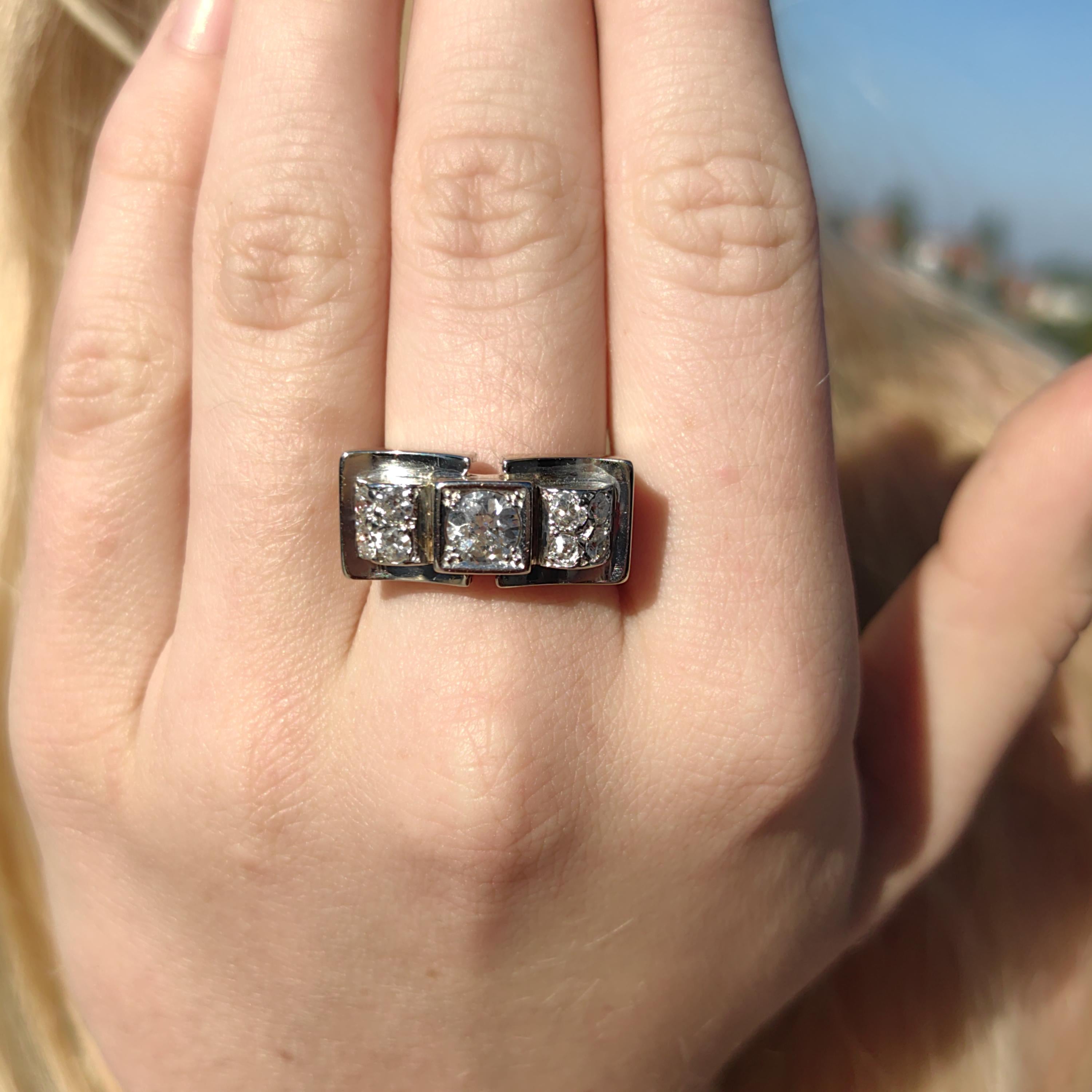 Art Deco 18k White Gold Diamond Ring, Antique Chevalier Style
