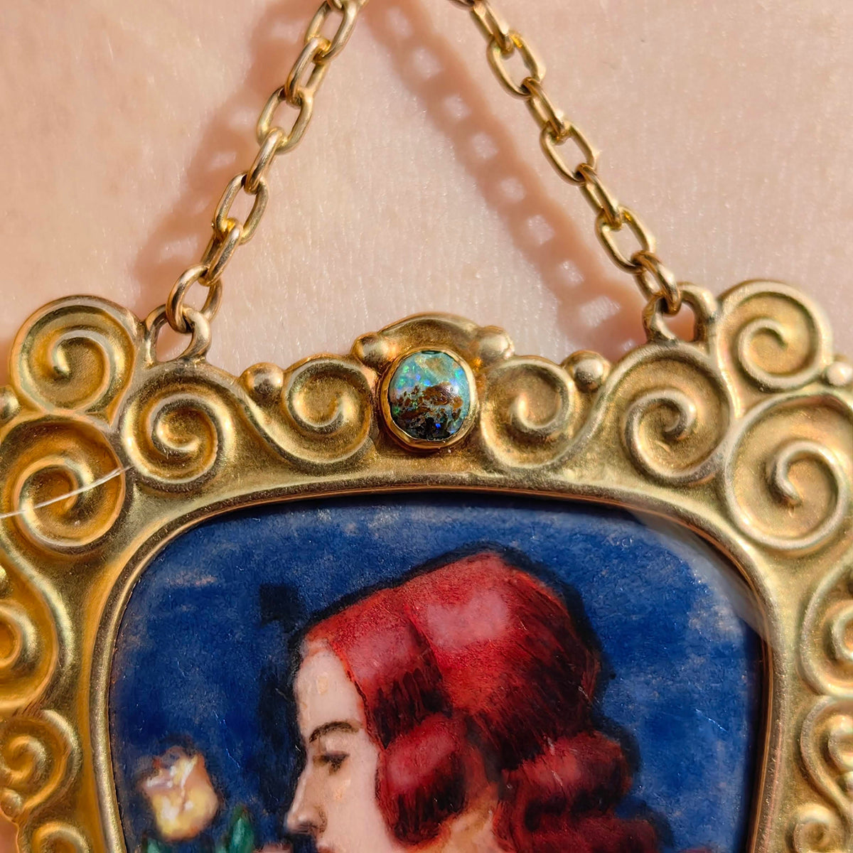 Art Nouveau Antique Vintage Gold Enamel Portrait Opal and Turquoise Pendant