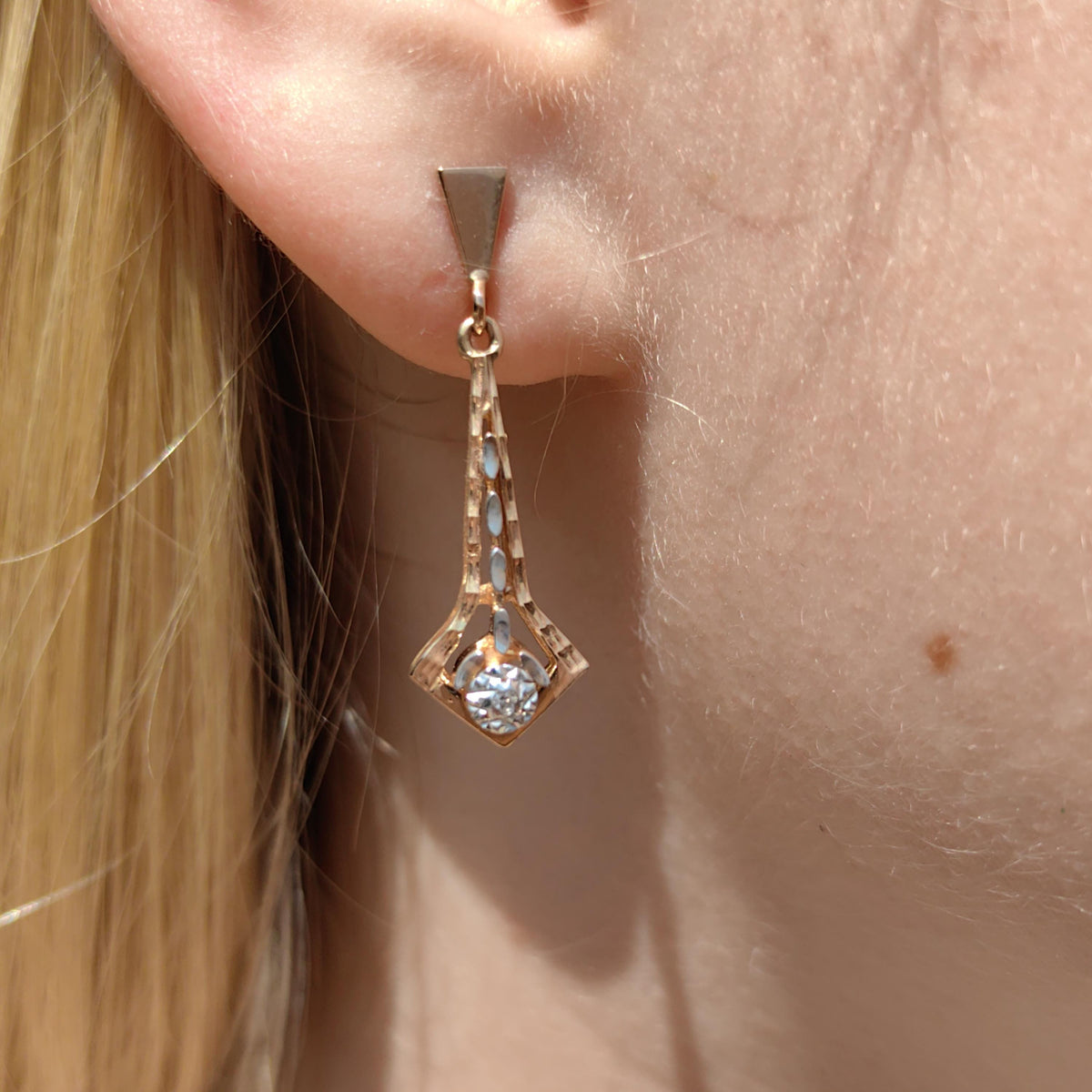 Vintage Diamond Dangle Earrings: Champagne Rose Gold, Hallmarked