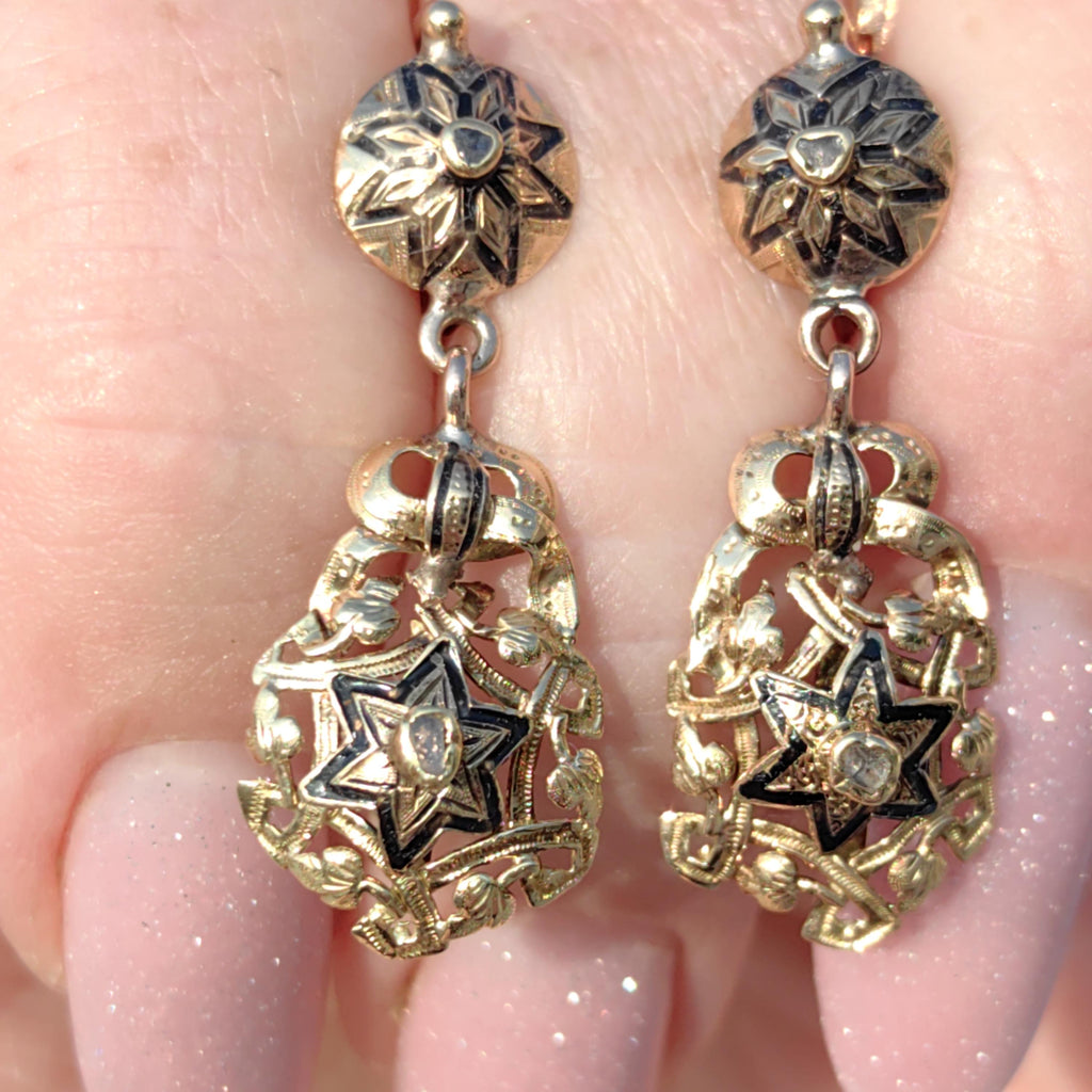Victorian 18k Gold Diamond David Star Dangle Earrings: Black Enamel Judaica