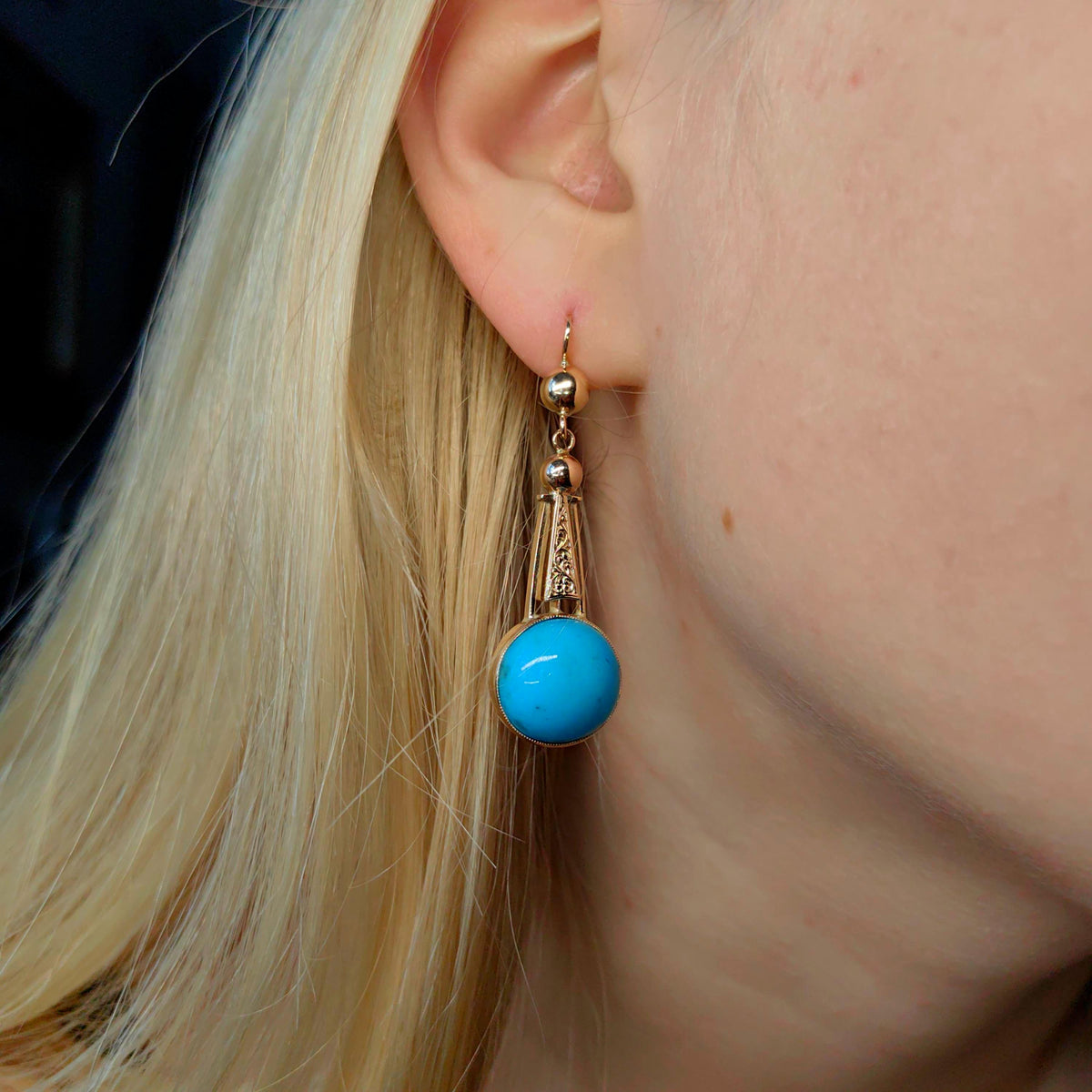 Turquoise 14K Solid hallmarked Yellow Rose Champagne Gold Dangle Drop  Historism 1890s Elegant Vintage Earrings Gift for Her Present