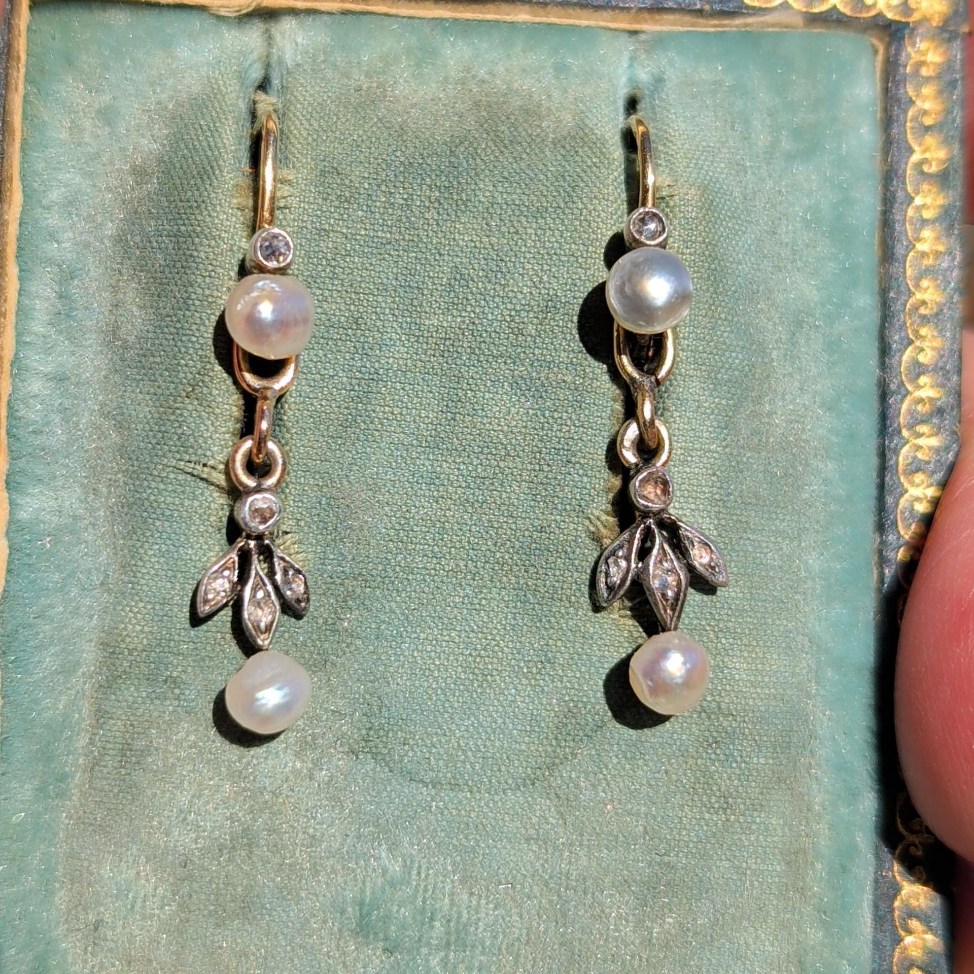Natural Pearl and Diamond 1900s Art Nouveau Vintage 14K Solid Yellow Rose Gold Dangle Drop Elegant Dainty Feminine Earrings Gift for Her