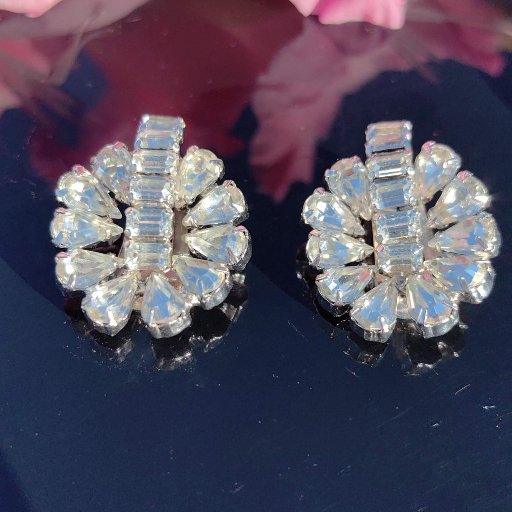 Art Deco Paste Stone Clip-on Earrings: Antique Silver Costume Jewelry