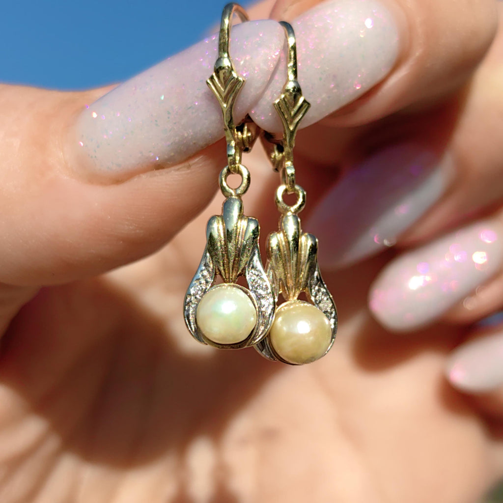 Vintage 14K Yellow Gold Dangle Earrings: Diamond & Cultured Pearl