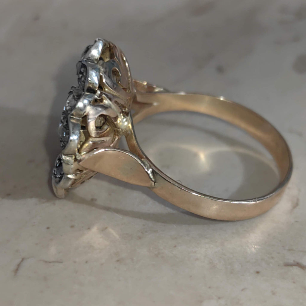 Art Deco Diamond Floral Ring: 14k Gold & Silver, 1930s Statement Ring