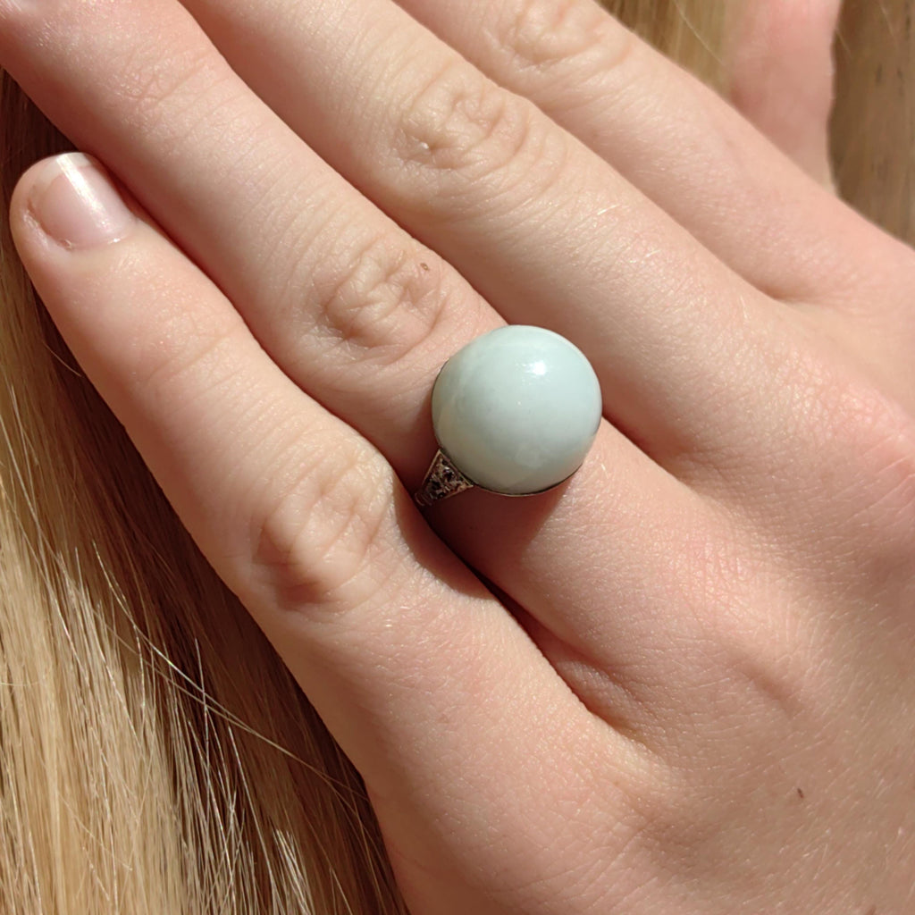 1920s Art Deco Jade Diamond Ring: 18k White Gold French Hallmarks