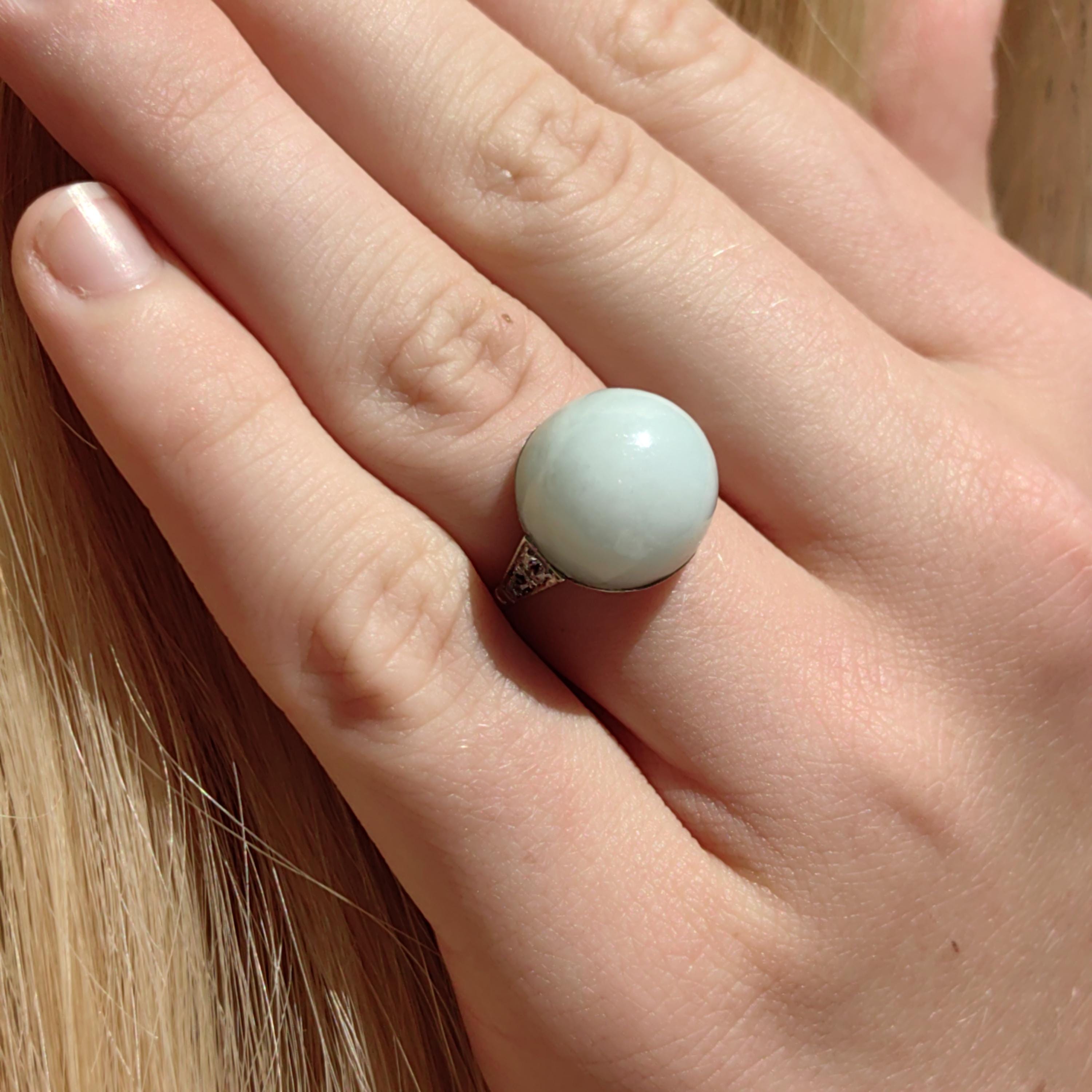 1920s Art Deco Jade Diamond Ring: 18k White Gold French Hallmarks