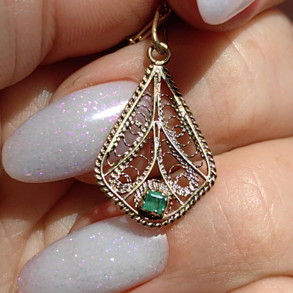 Victorian Emerald Pendant: 14k Yellow Gold Filigree, Hand-Chiseled Floral Charm