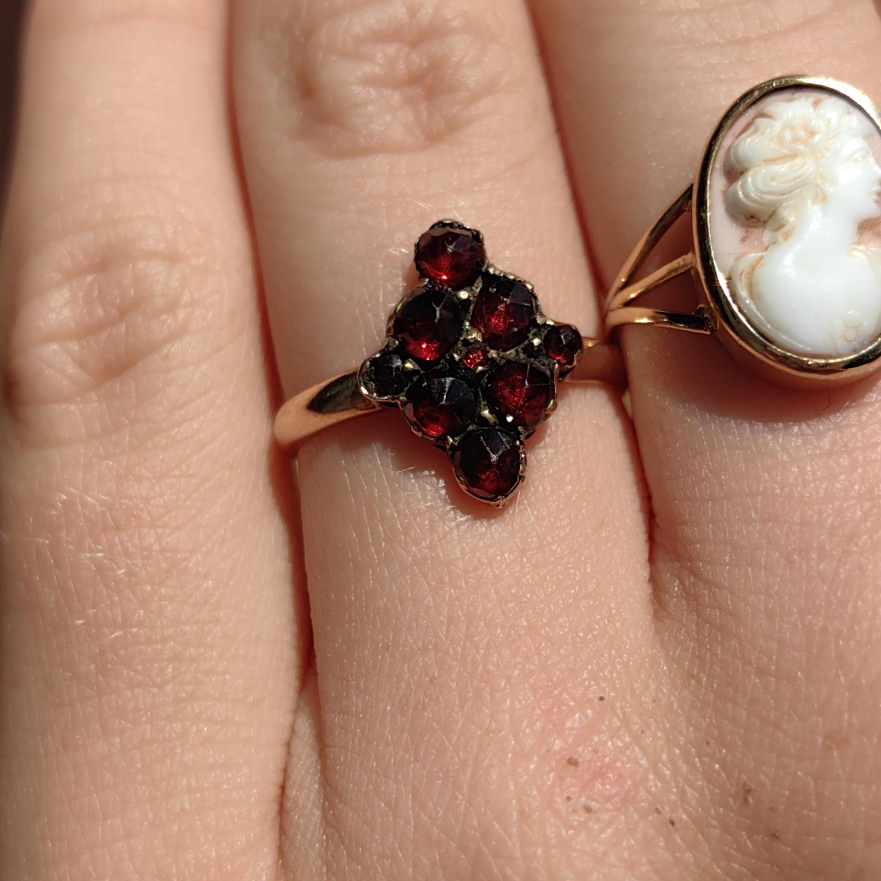 Antique 14k Yellow Gold Garnet Ring: Hand-Chiseled Floral Design