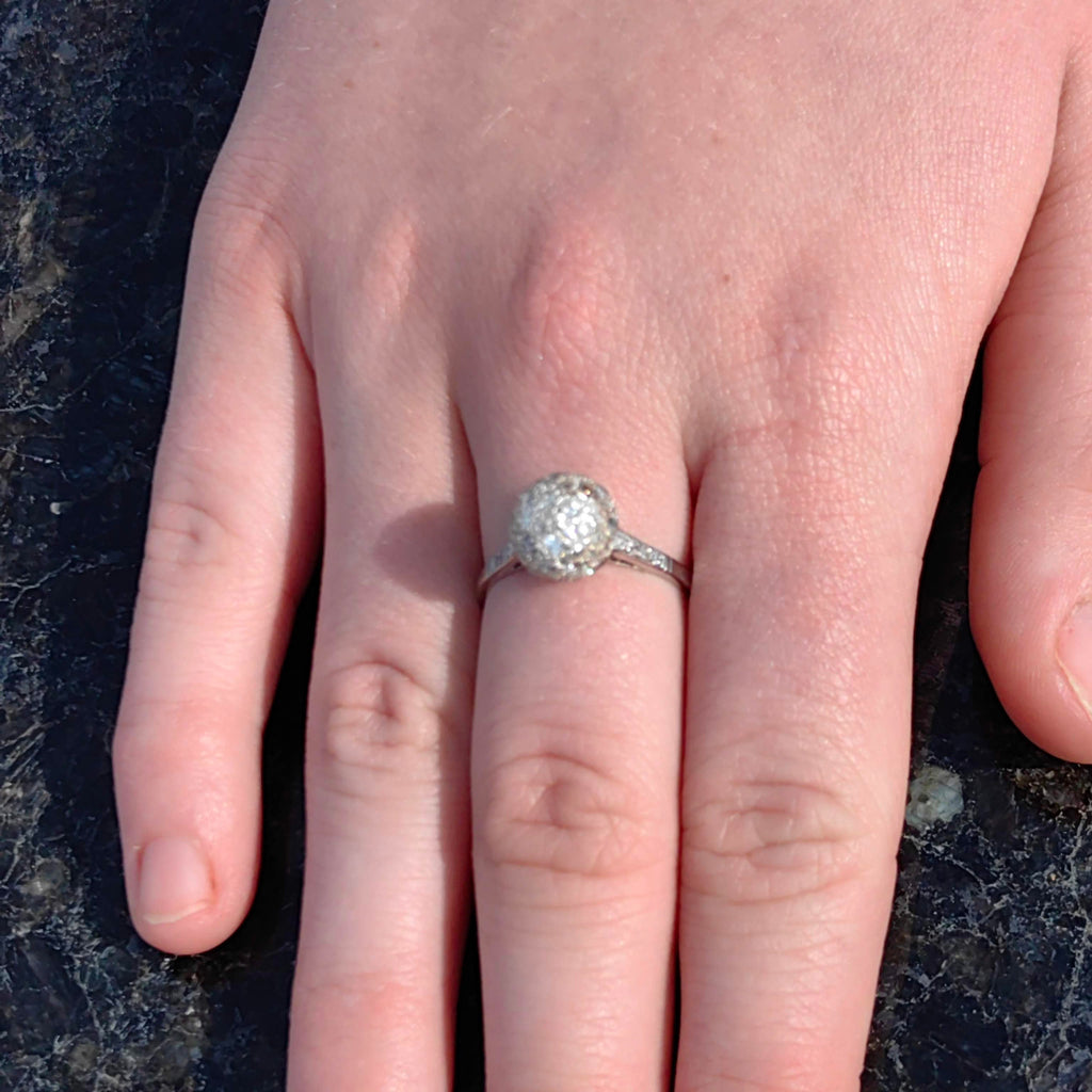 Art Deco Platinum Diamond Globe Ring: 1930s Antique Pavé Engagement