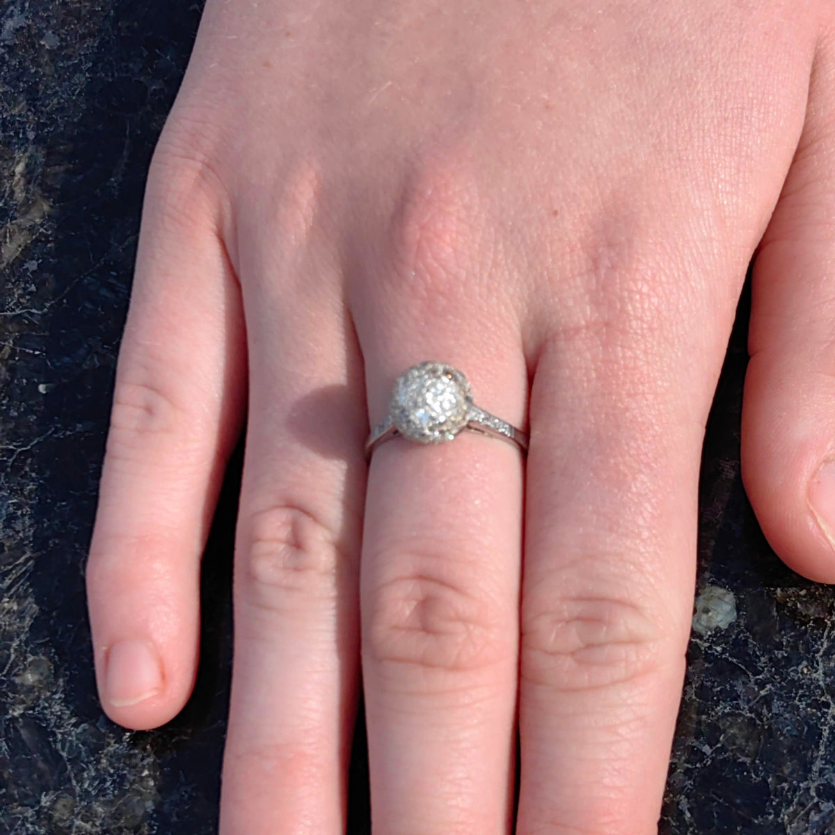 Art Deco Platinum Diamond Globe Ring: 1930s Antique Pavé Engagement