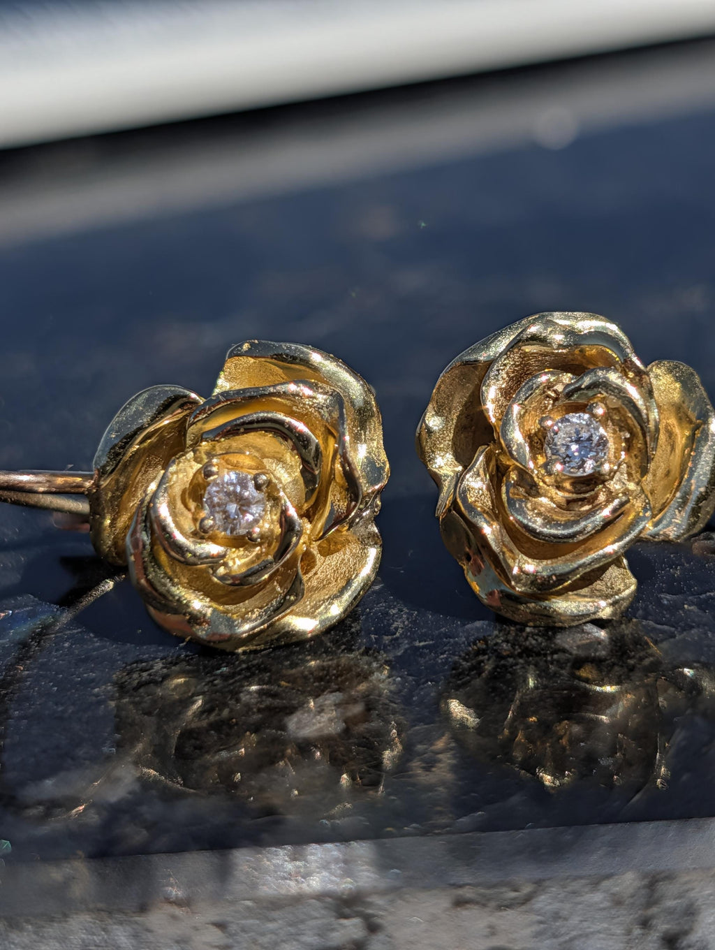 Vintage 18k Yellow Gold Rose Flower Diamond Sleeper Earrings, Handmade Petal by Petal Romantic Feminine Floral Earrings Gift for Her
