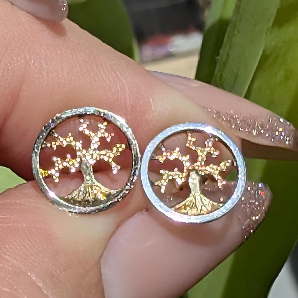 14k 585 Hallmarked Solid Yellow and White Gold Tree of Life Stud Earrings Nature Forest Minimalist Symbolic Push Back Elegant Gift for Her