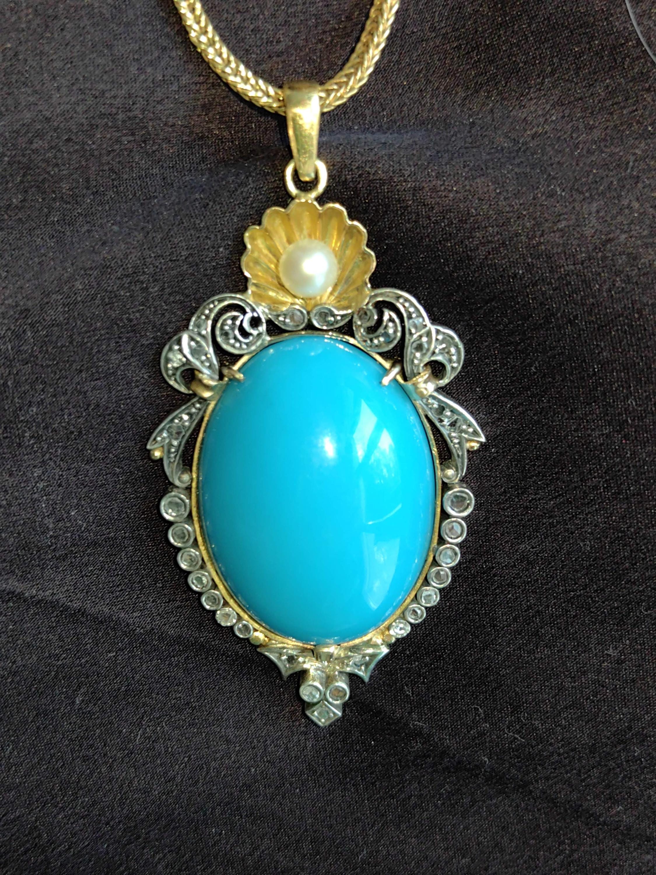 1930s Art Deco Turquoise Pendant: 18k Yellow Gold Diamond Pearl Necklace