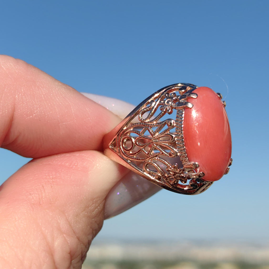 Mediterranean Red Coral Ring: 14k Champagne Gold, Mid-Century Cabochon