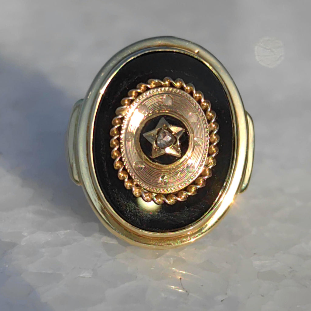 Victorian Onyx Diamond 14k Yellow Gold Star Ring
