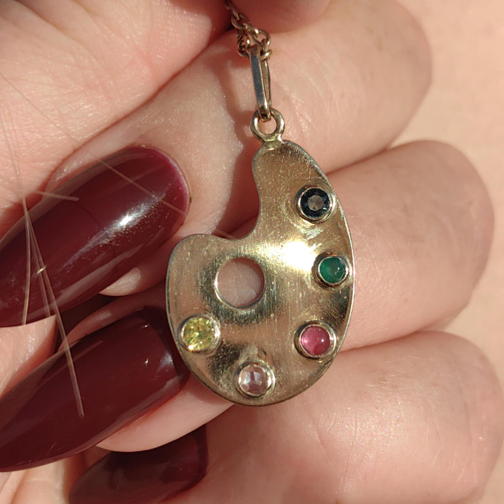Vintage Solid Hallmarked Gold Paint Colourful Emerald Sapphire Ruby Citrine Diamond Multi Stone Pendant Art Painter Artist Creative Charm