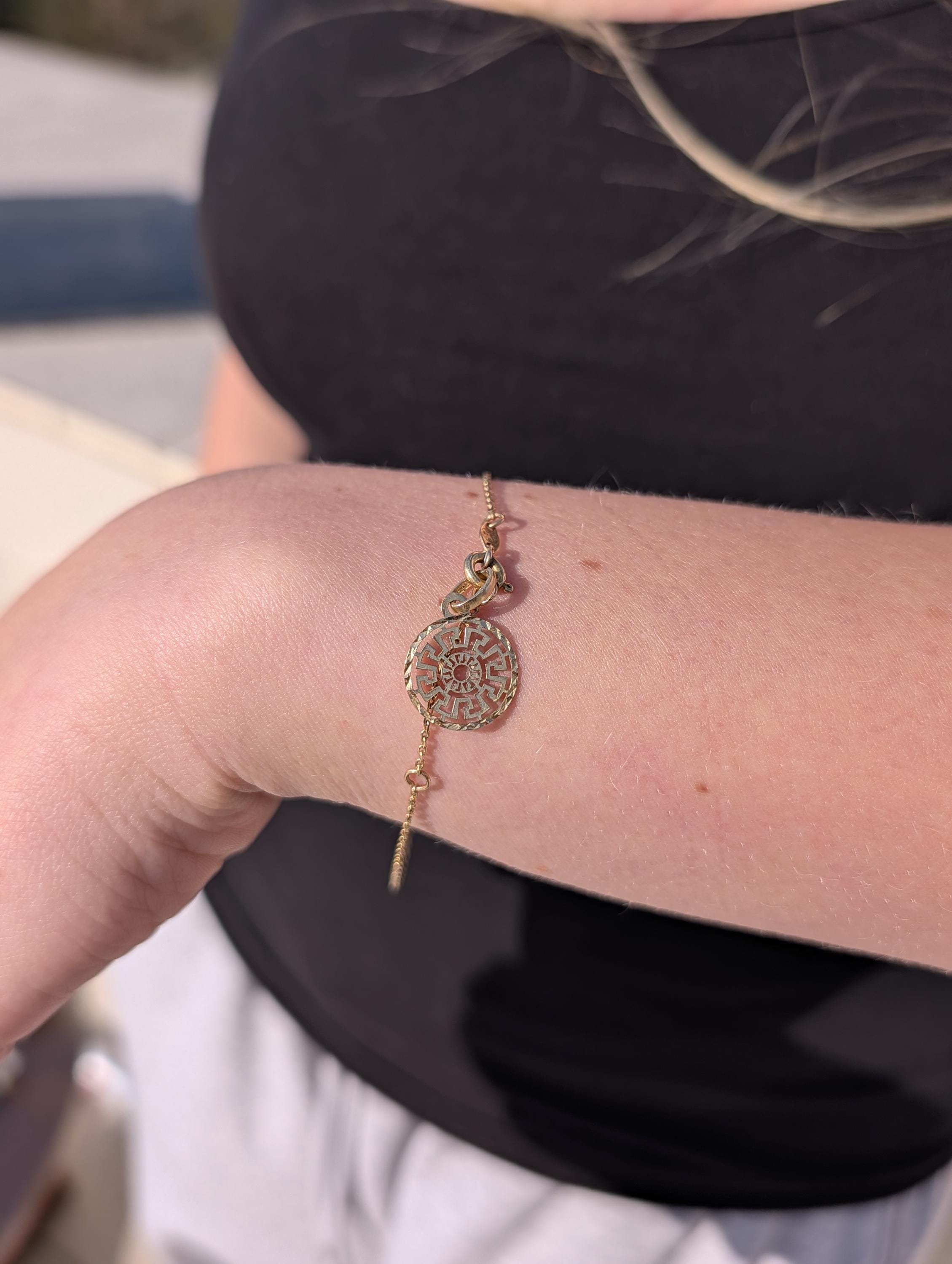 Vintage 14k Yellow Gold Link Bracelet, with  Ancient Greek Pattern Charm, 1980s Extension Ring 17-20 cm Gift Unisex Chic Fine Gold Jewelry