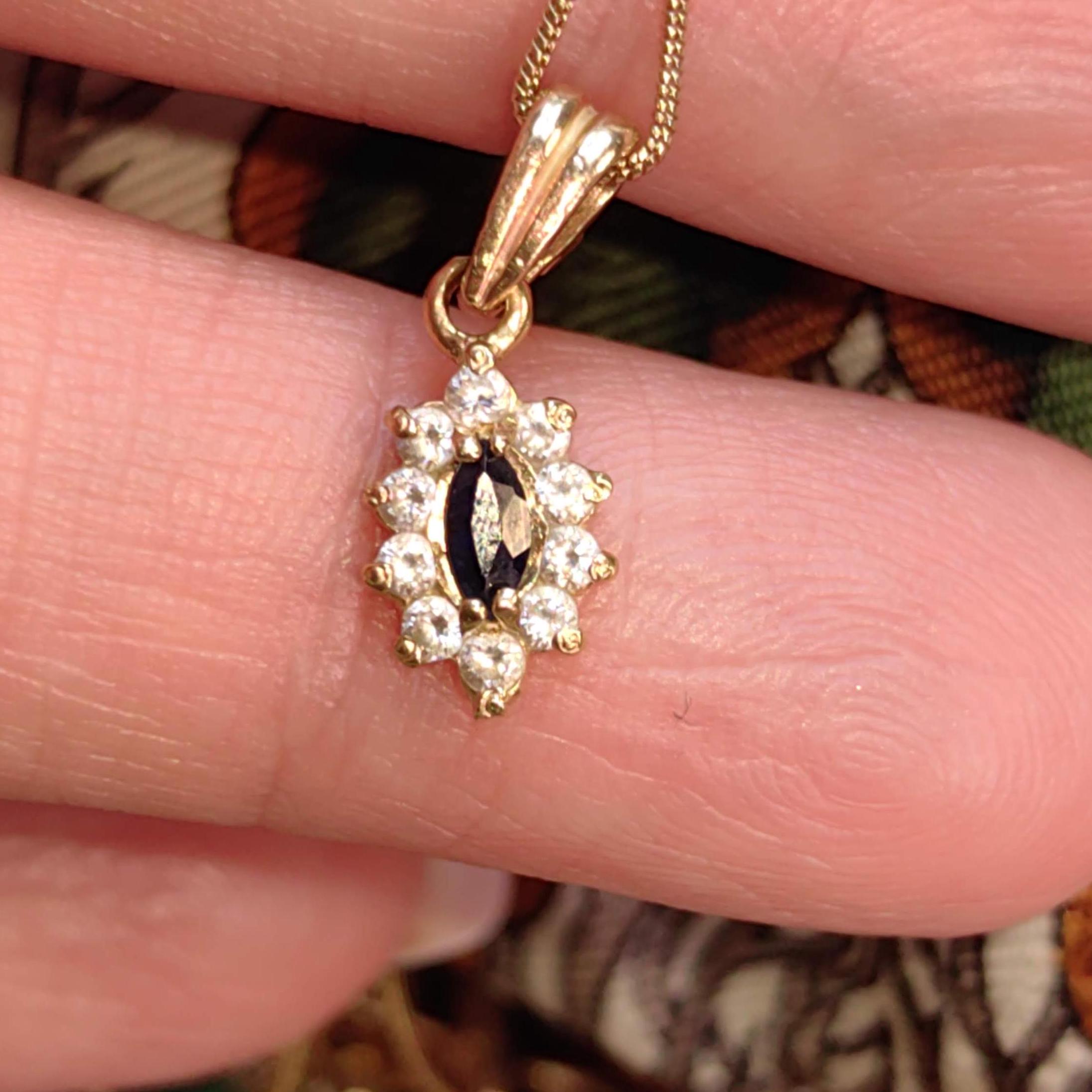 Vintage 14k Solid Yellow Gold Blue Sapphire Cluster Cubic Zirconia Necklace Pendant Bracelet Charm Gift for Her Retro Antique Pendant