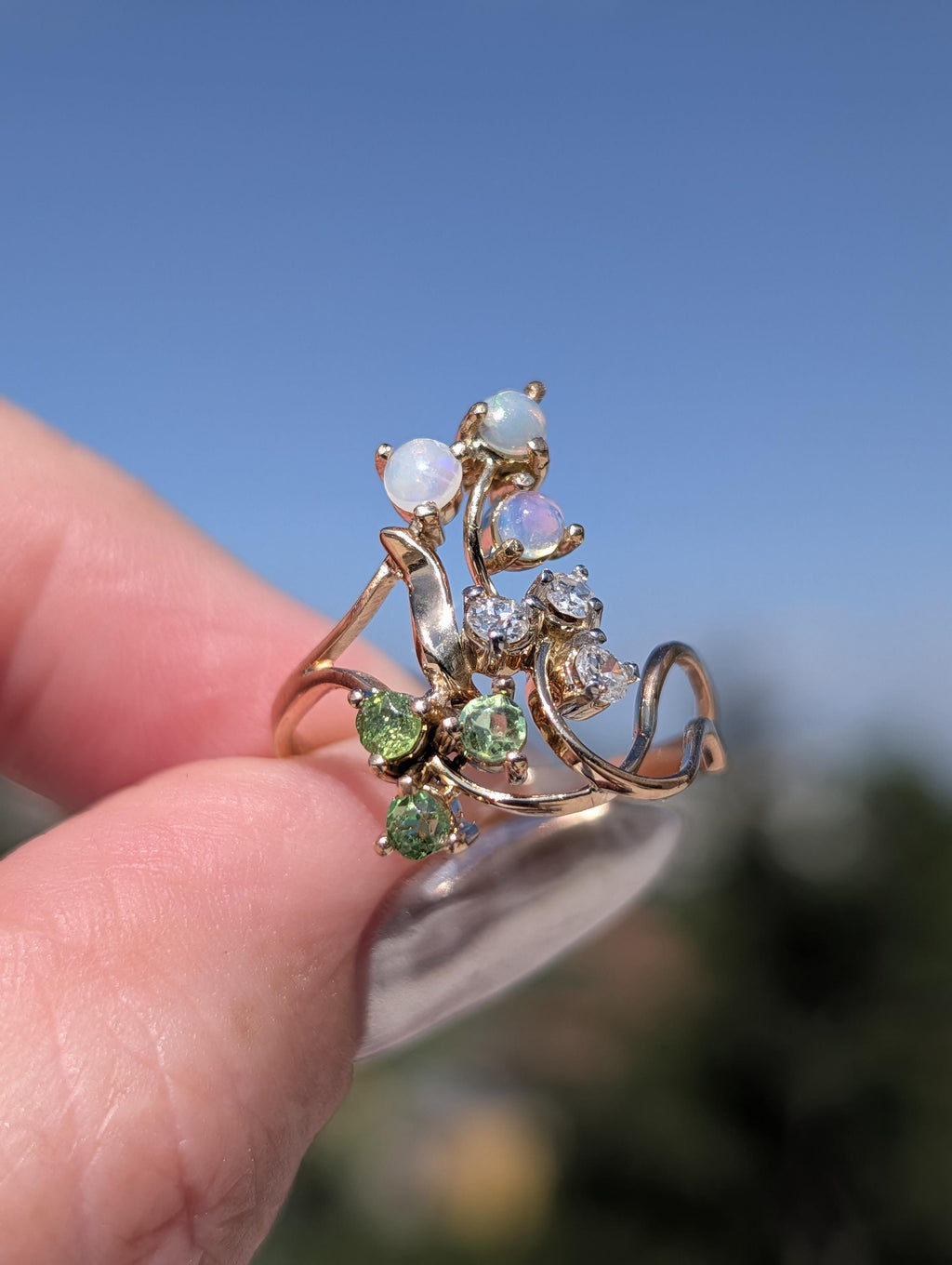Art Nouveau 1900s Diamond Demantoid Opal Ring, 18k Yellow Gold Floral Vintage Engagement Ring, 1950s Heirloom Fine Jewelry Gift US 8.5