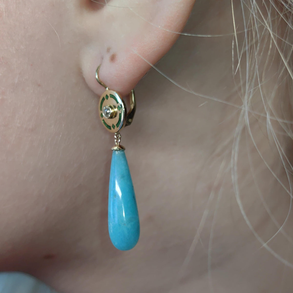 Antique 1900s Art Nouveau Amazonite  and Diamond Solid 14K Yellow Gold Green Enamel Dangle Drop Statement Earrings Elegant Gift for Her