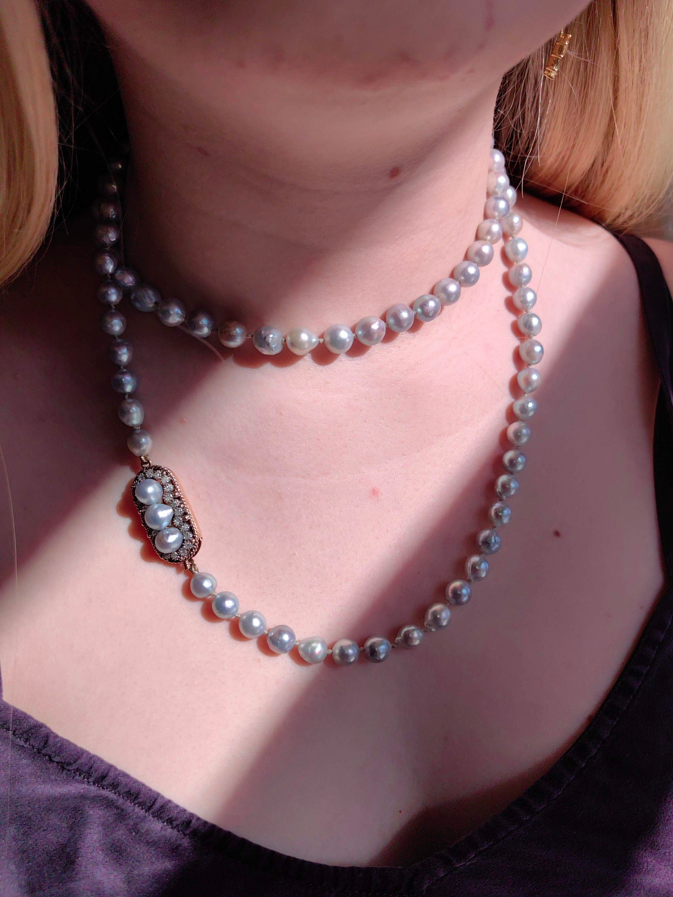 Art Deco 18k Gold Diamond Pearl Necklace: 1940s Vintage Beaded Lock